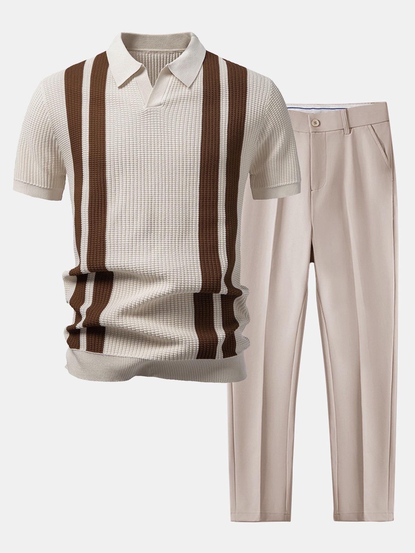 Stripe Johnny Collar Knit Polo & Slim Fit Tapered Trousers