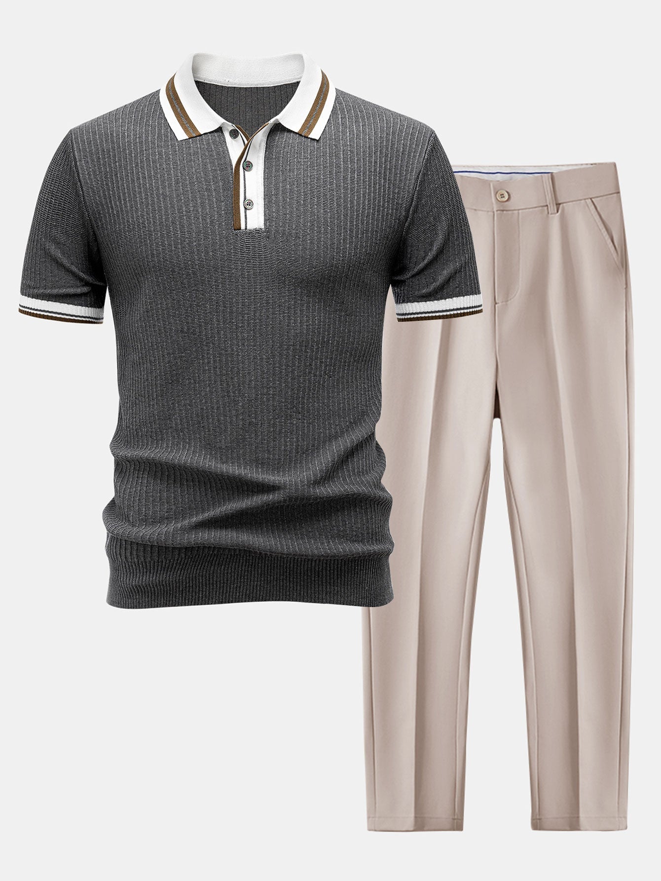Contrast Trim Knit Polo Shirt & Slim Fit Tapered Trousers