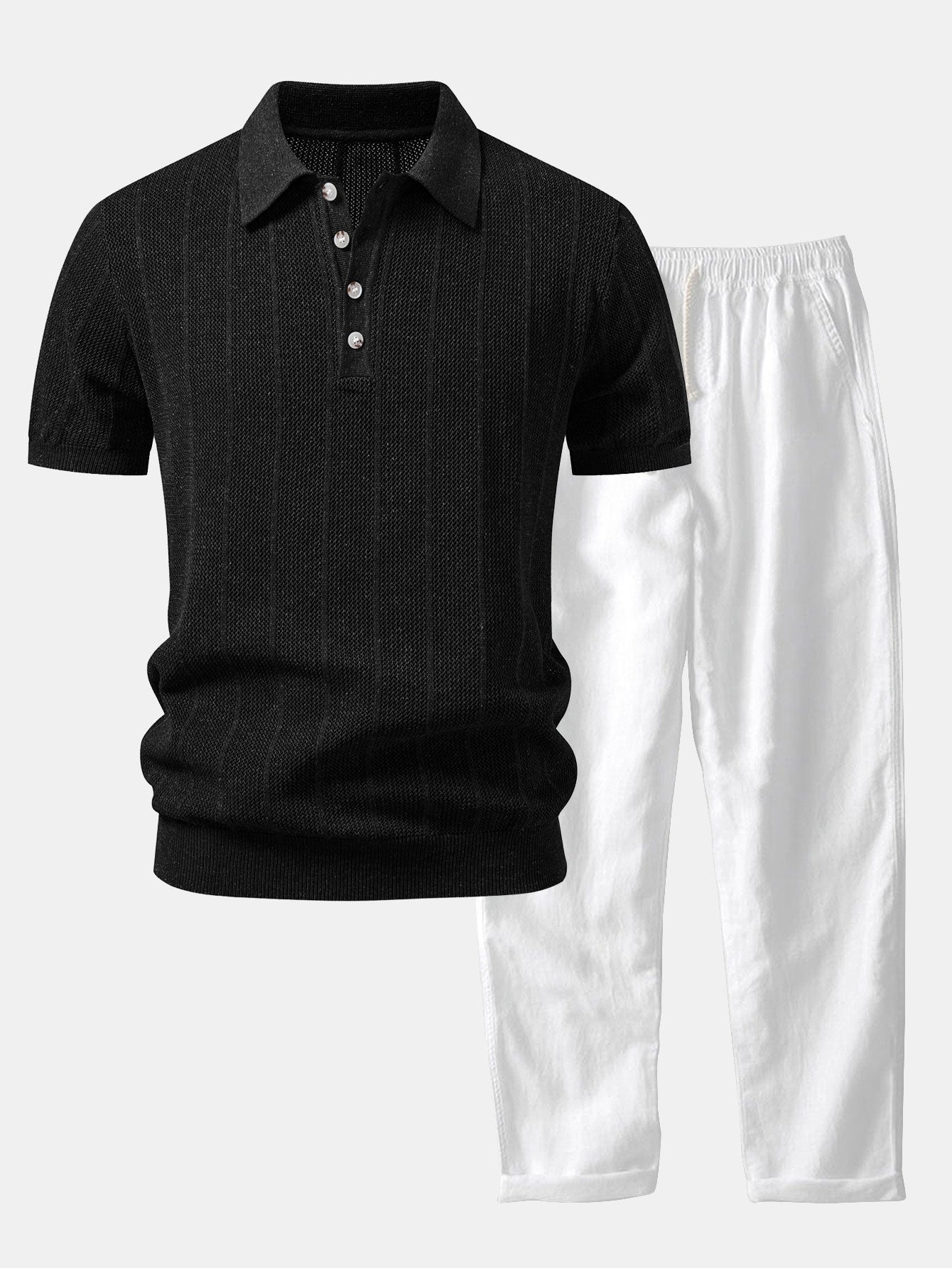 Linen Stripe Open Knit Polo & Straight Leg Linen Pants