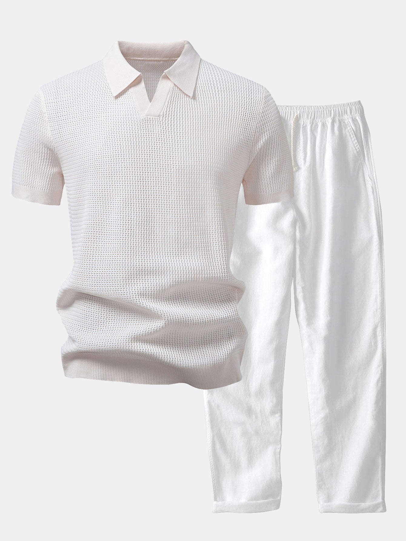 Textured Johnny Collar Crocheted Knit Polo & Straight Leg Linen Pants