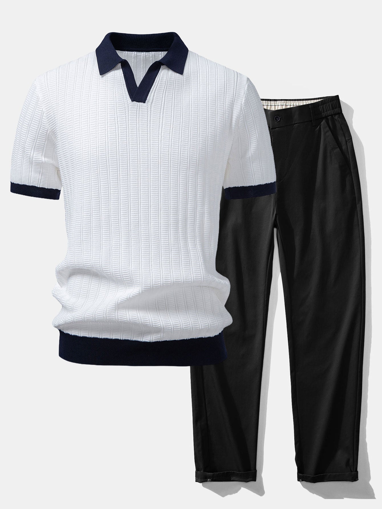 Contrast Textured Johnny Collar Knit Polo & Elastic Waist Straight Leg Trousers