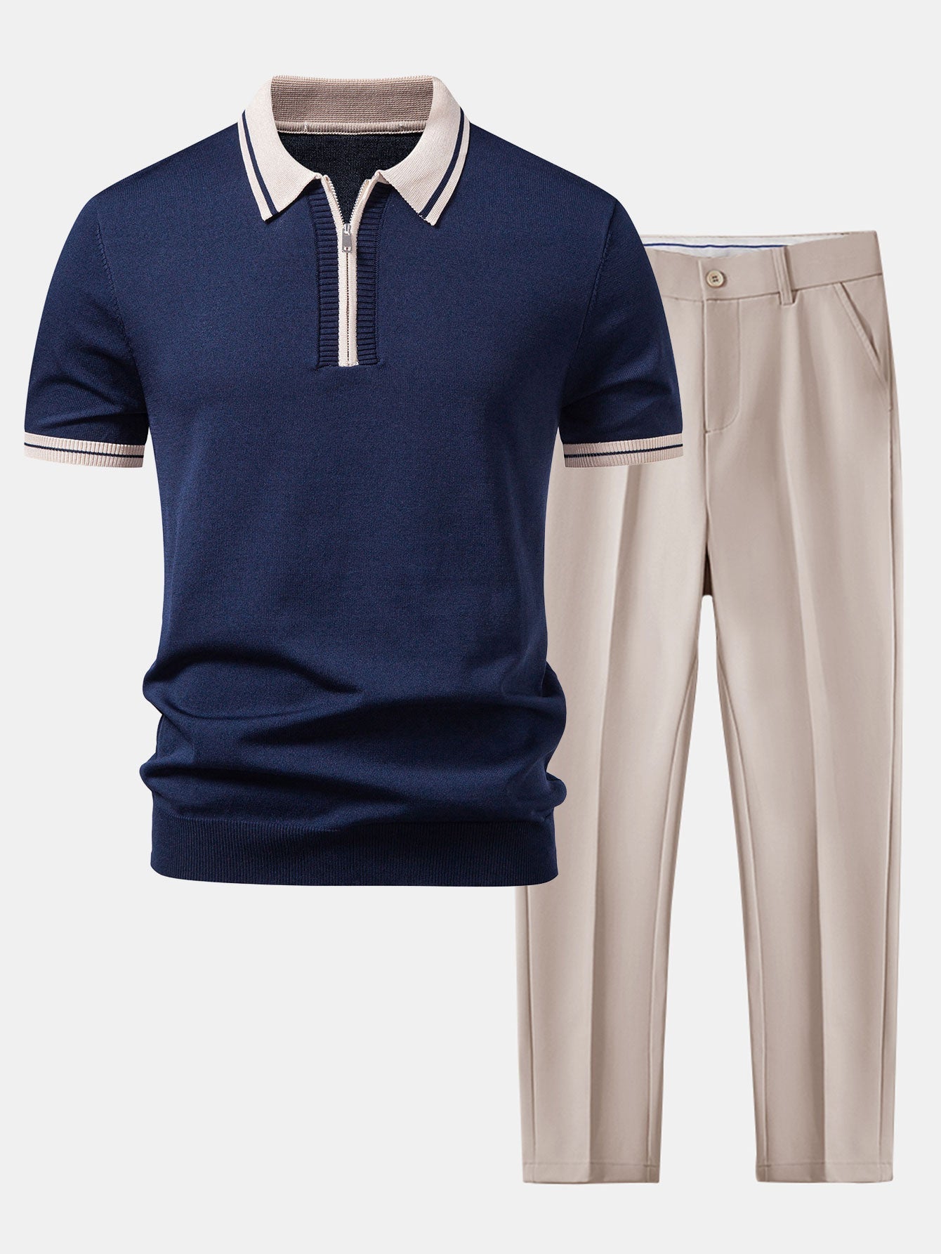 Contrast Trim Zipper Knit Polo & Slim Fit Tapered Trousers