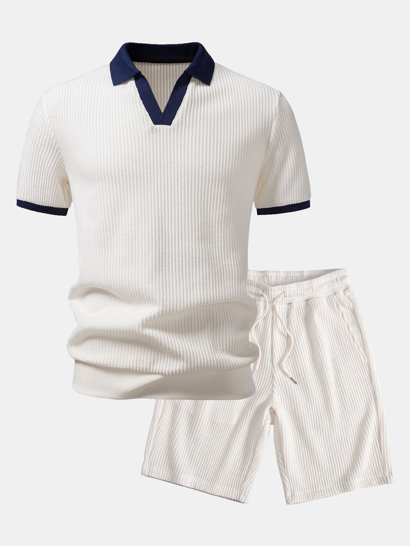 Contrast Knit Waffle Johnny Collar Polo & Drawstring Knitted Waffle Shorts