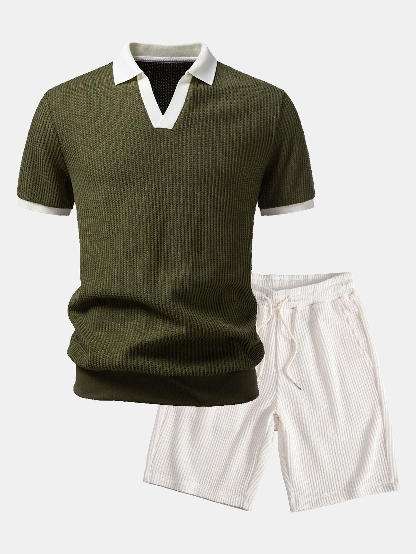 Contrast Knit Waffle Johnny Collar Polo & Drawstring Knitted Waffle Shorts