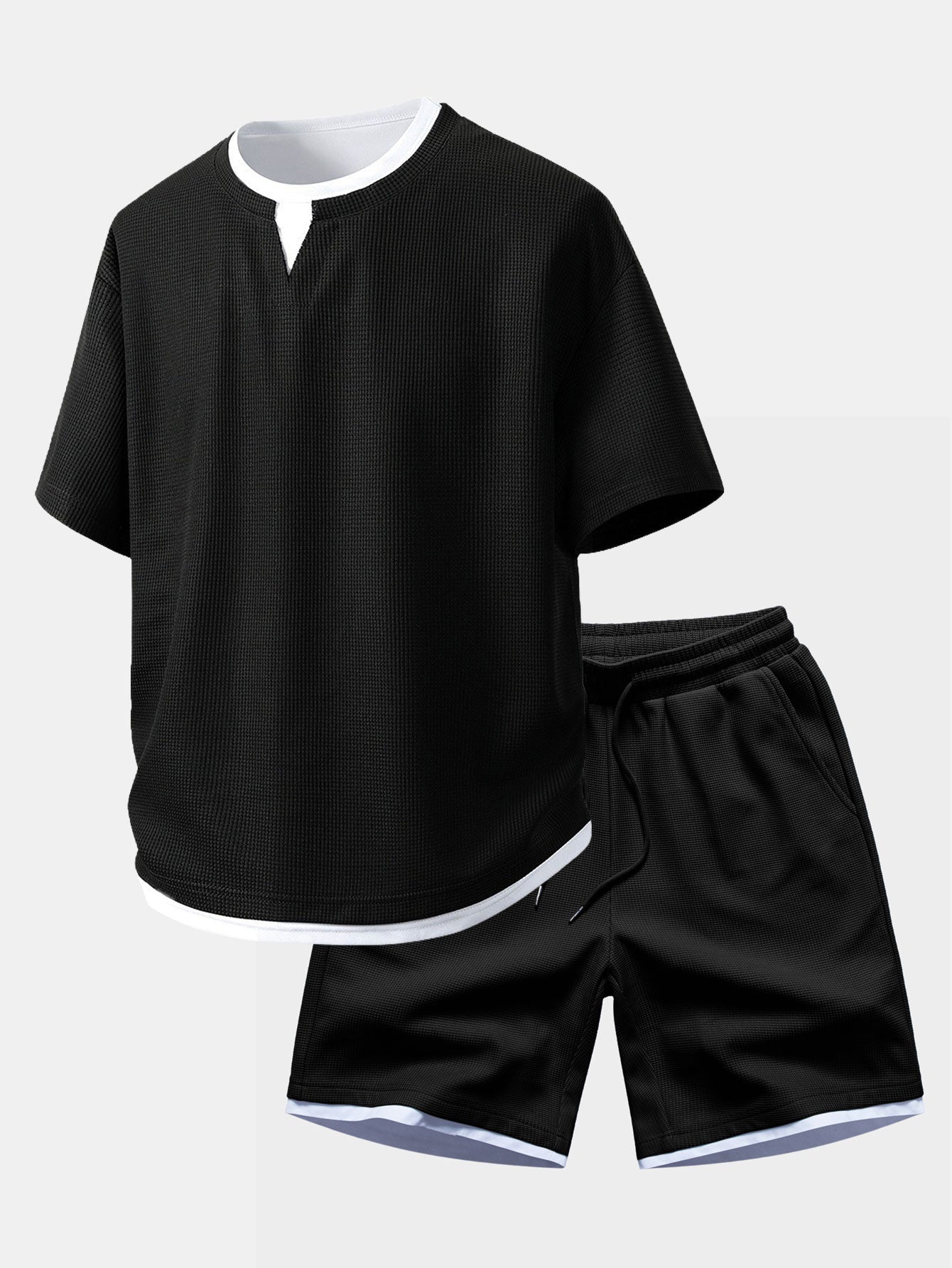 Relax Fit 2 In 1 Notched Collar Waffle T-Shirt & Waffle 7″ Shorts