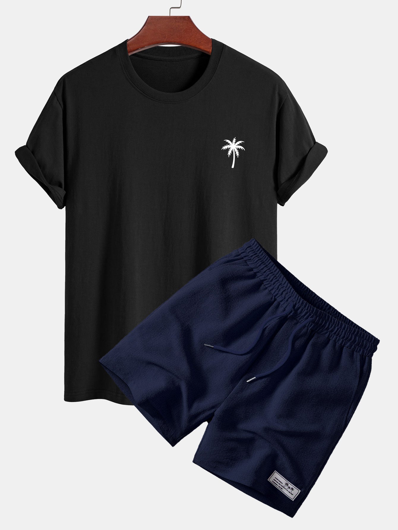 Regular Fit Palm Tree Print Cotton T-Shirt & Palm Tree Patch Seersucker 6" Shorts