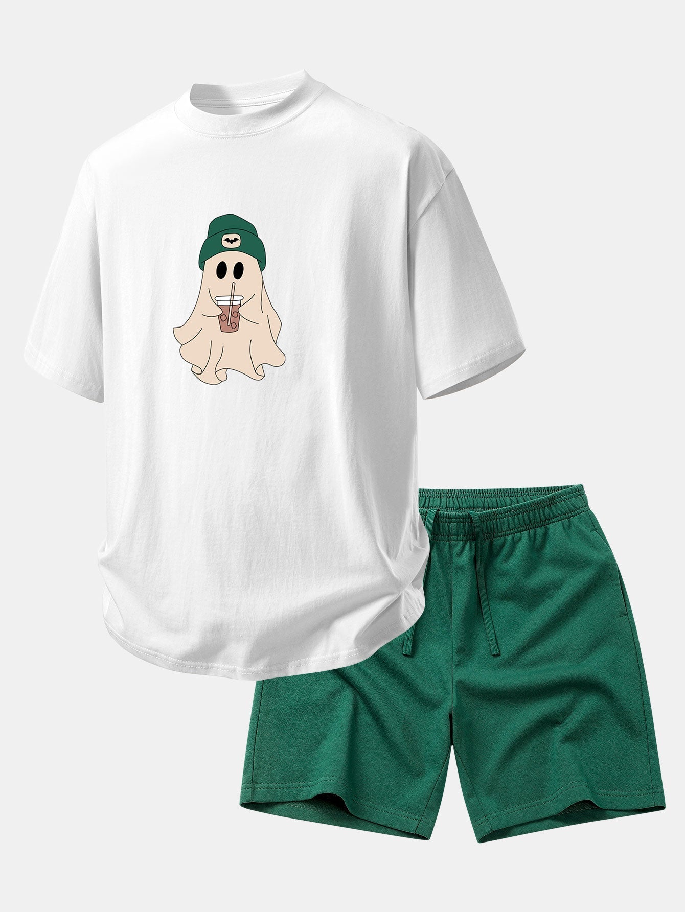 Relax Fit Darkgreen Hat Ghost Print Cotton T-Shirt & Cotton Drawstring 7" Shorts