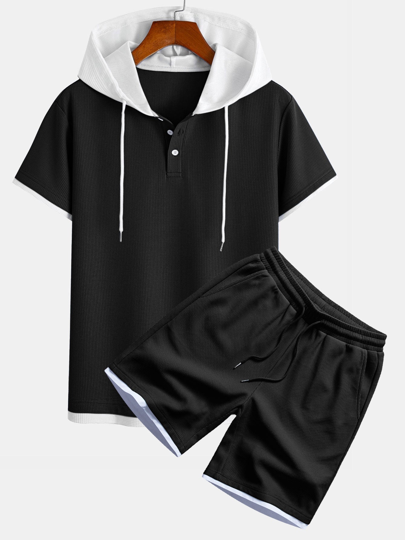 Contrast Button-Placket Waffle Hooded T-Shirt & 2 In 1 Waffle 7″ Shorts