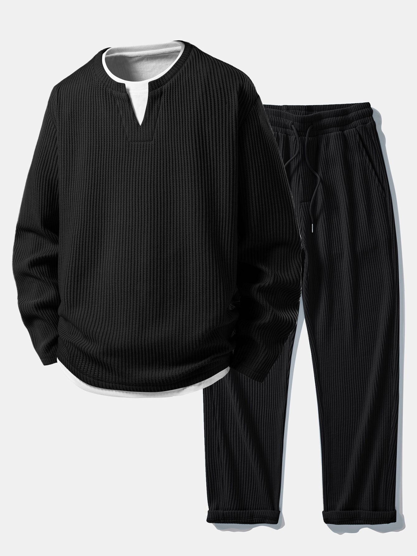 Relax Fit Waffle 2 In 1 Notched Collar T-Shirt & Drawstring Knitted Waffle Pants