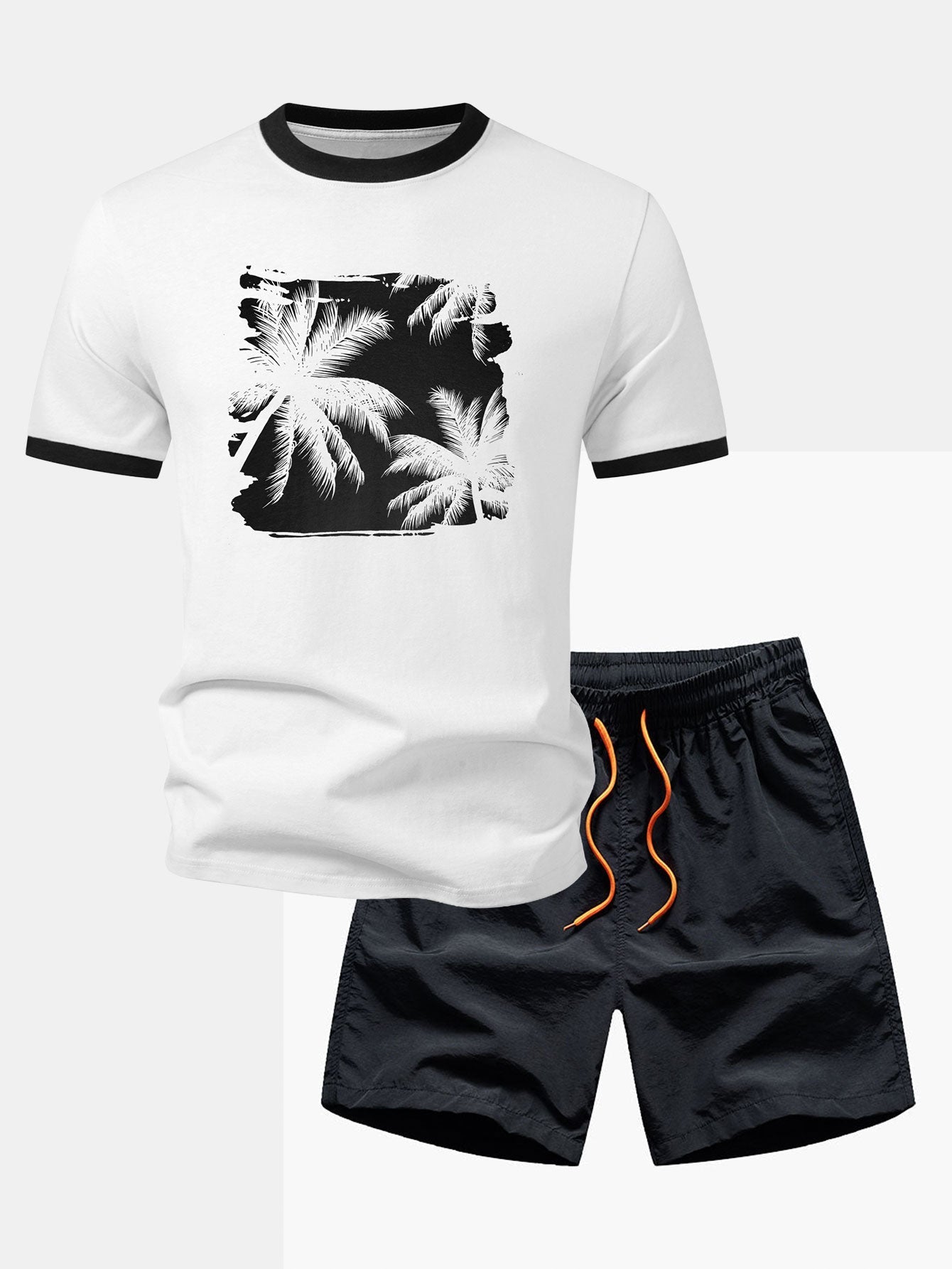 Palm Tree Print Contrast Ringer T-Shirt & Swim Shorts