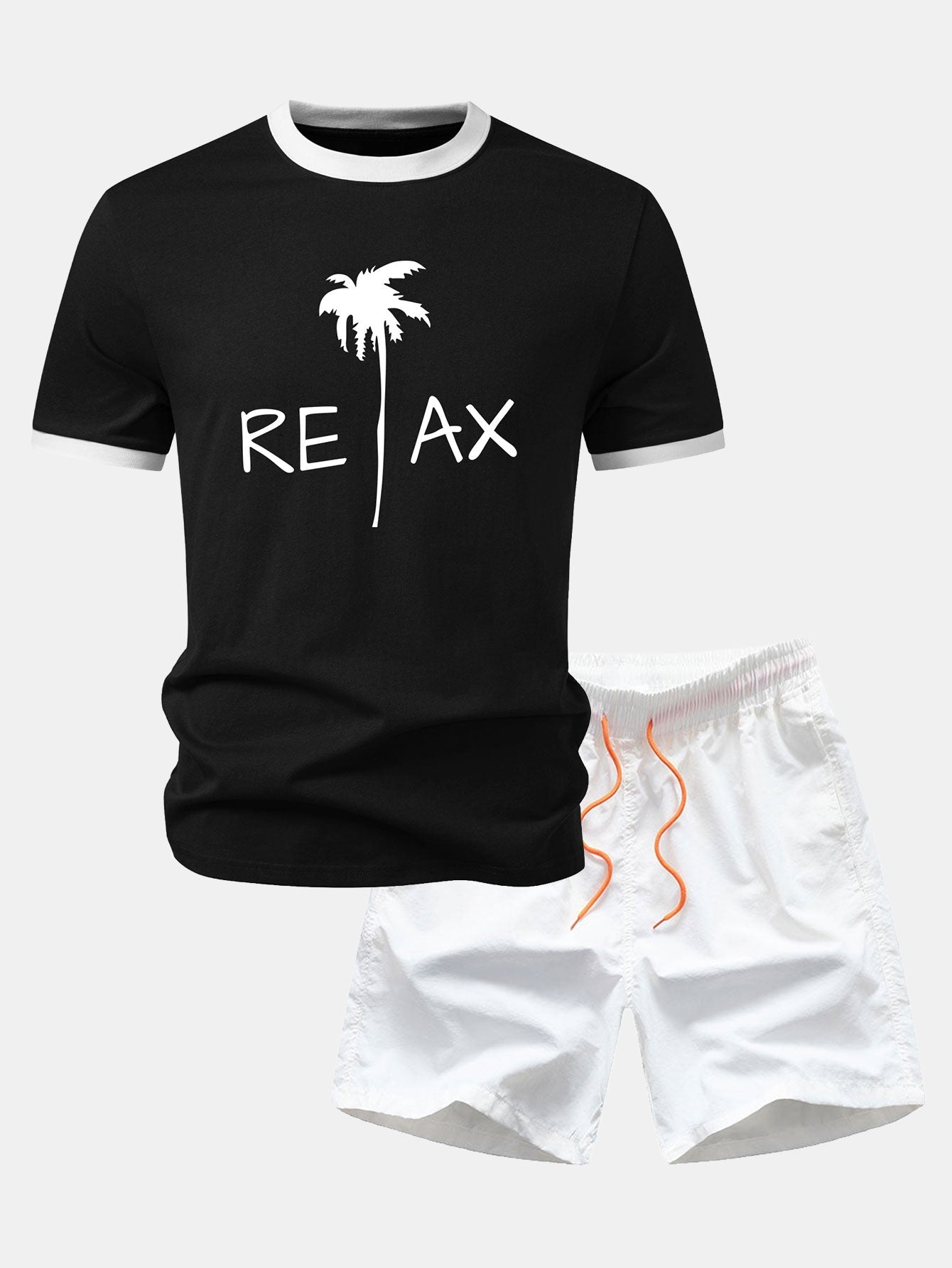 Relax Palm Tree Print Contrast Ringer T-Shirt & Swim Shorts