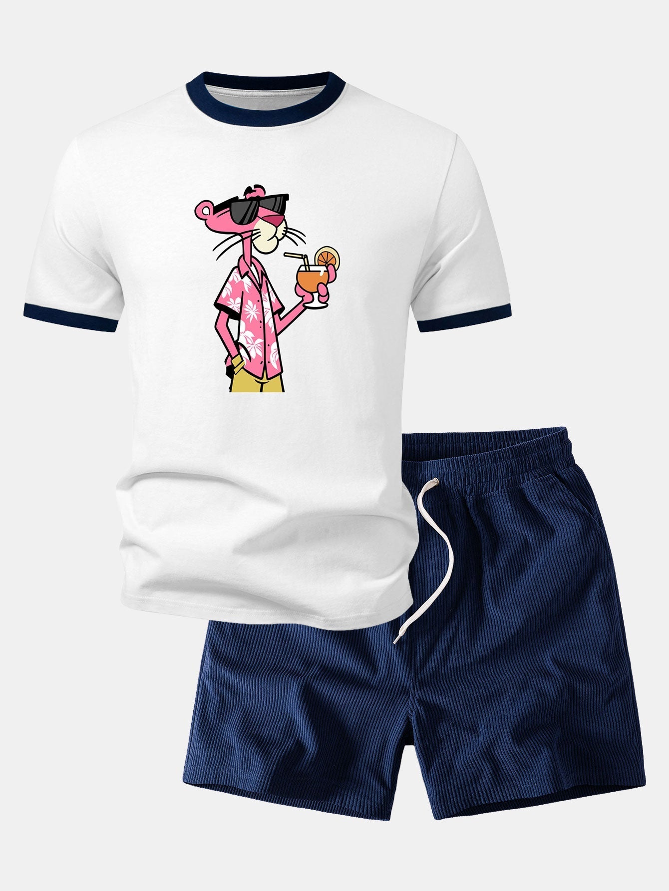 Vacation Pink Panther Print Contrast Ringer T-Shirt & 5" Drawstring Corduroy Shorts