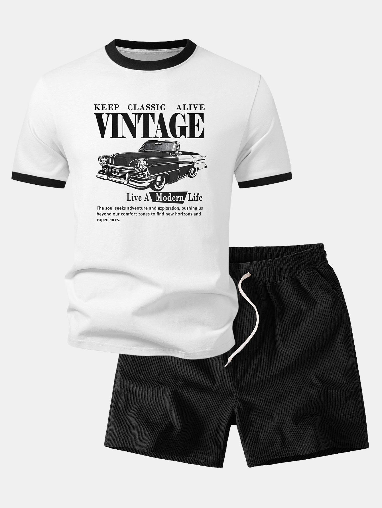 Vintage Car Print Contrast Ringer T-Shirt & 5" Drawstring Corduroy Shorts