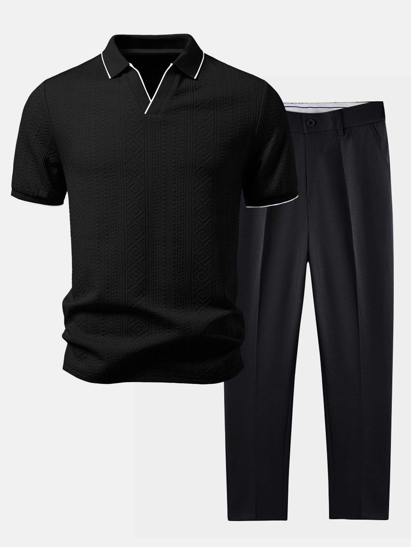 Geometric Jacquard V Neck Polo & Slim Fit Tapered Trousers