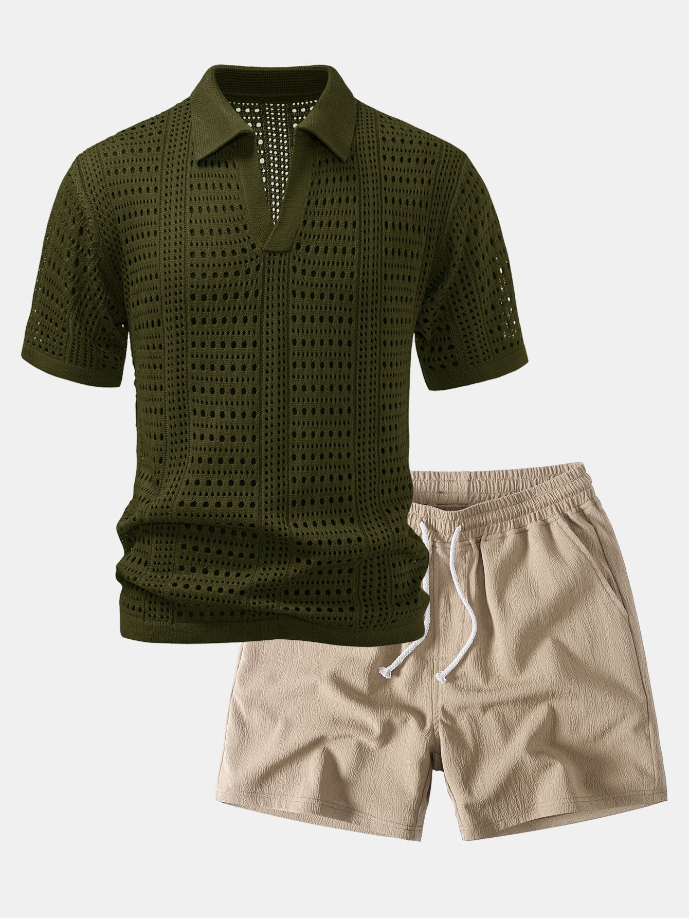 Crochet V Neck Polo Shirt & Crinkle Textured Drawstring 5" Shorts