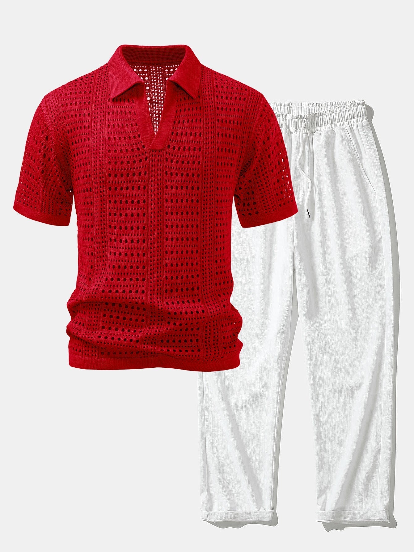 Crochet V Neck Polo Shirt & Crinkle Textured Straight Leg Pants