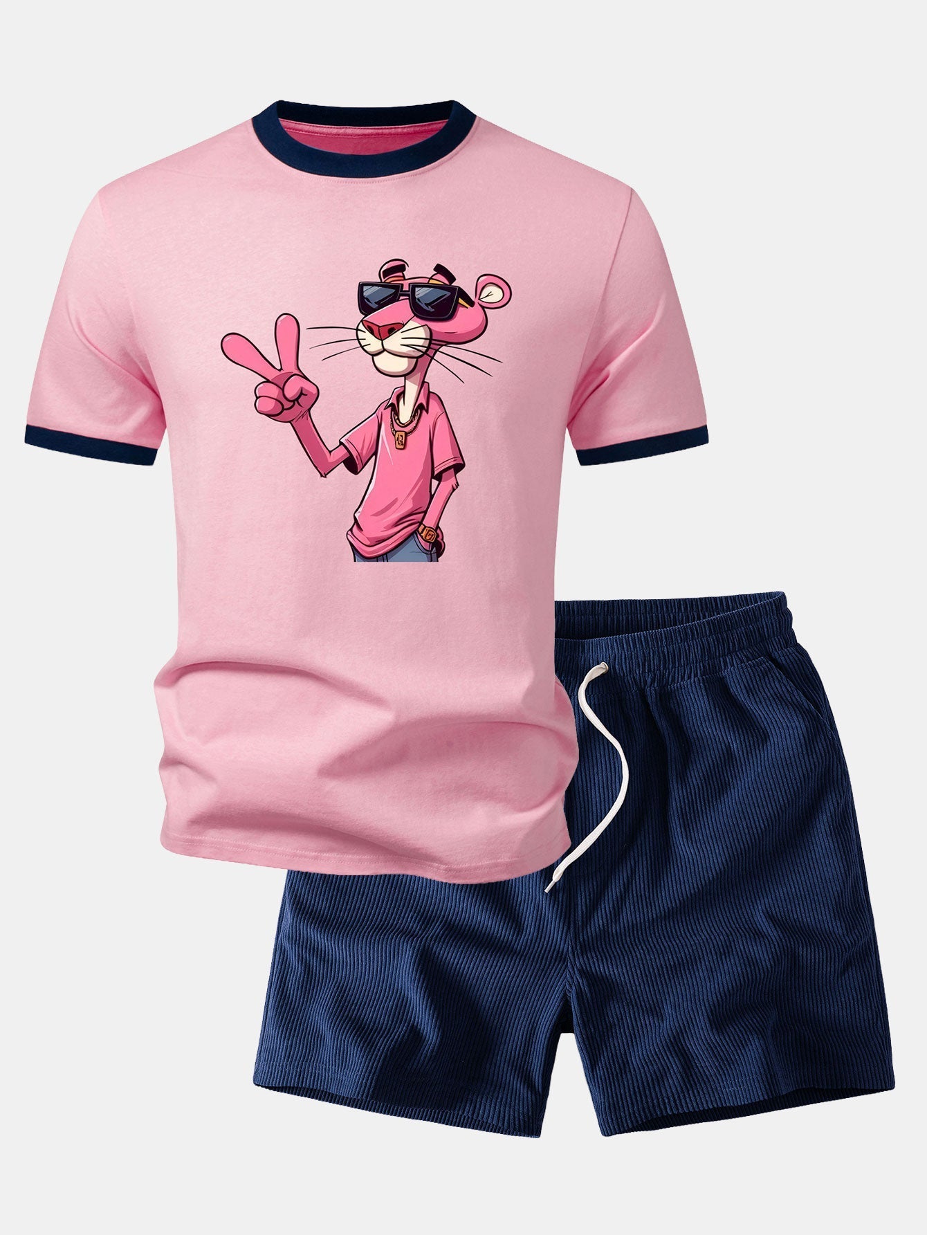 Pink Panther With V Sign Print Contrast Ringer T-Shirt & 5" Drawstring Corduroy Shorts