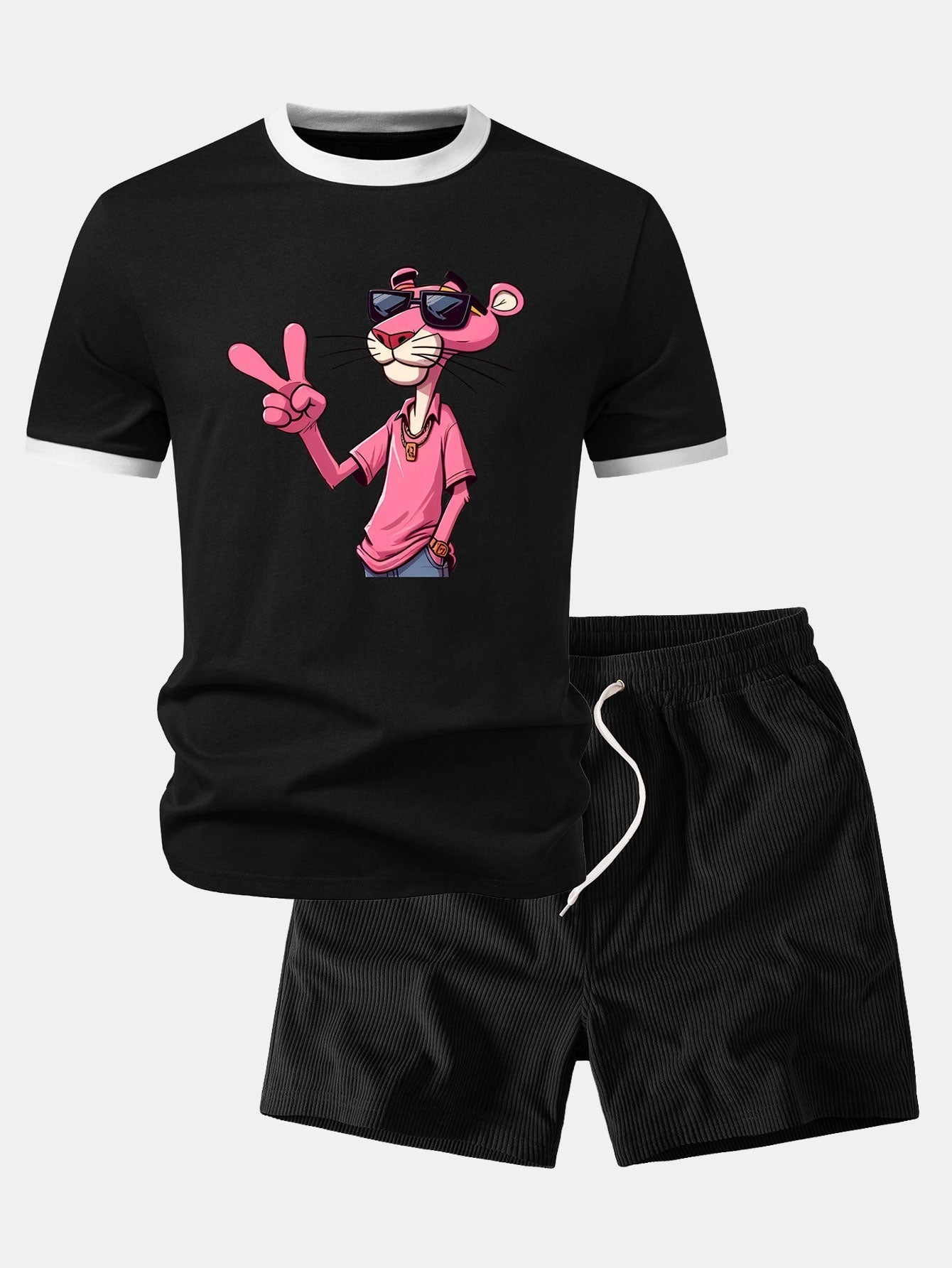 Pink Panther With V Sign Print Contrast Ringer T-Shirt & 5" Drawstring Corduroy Shorts