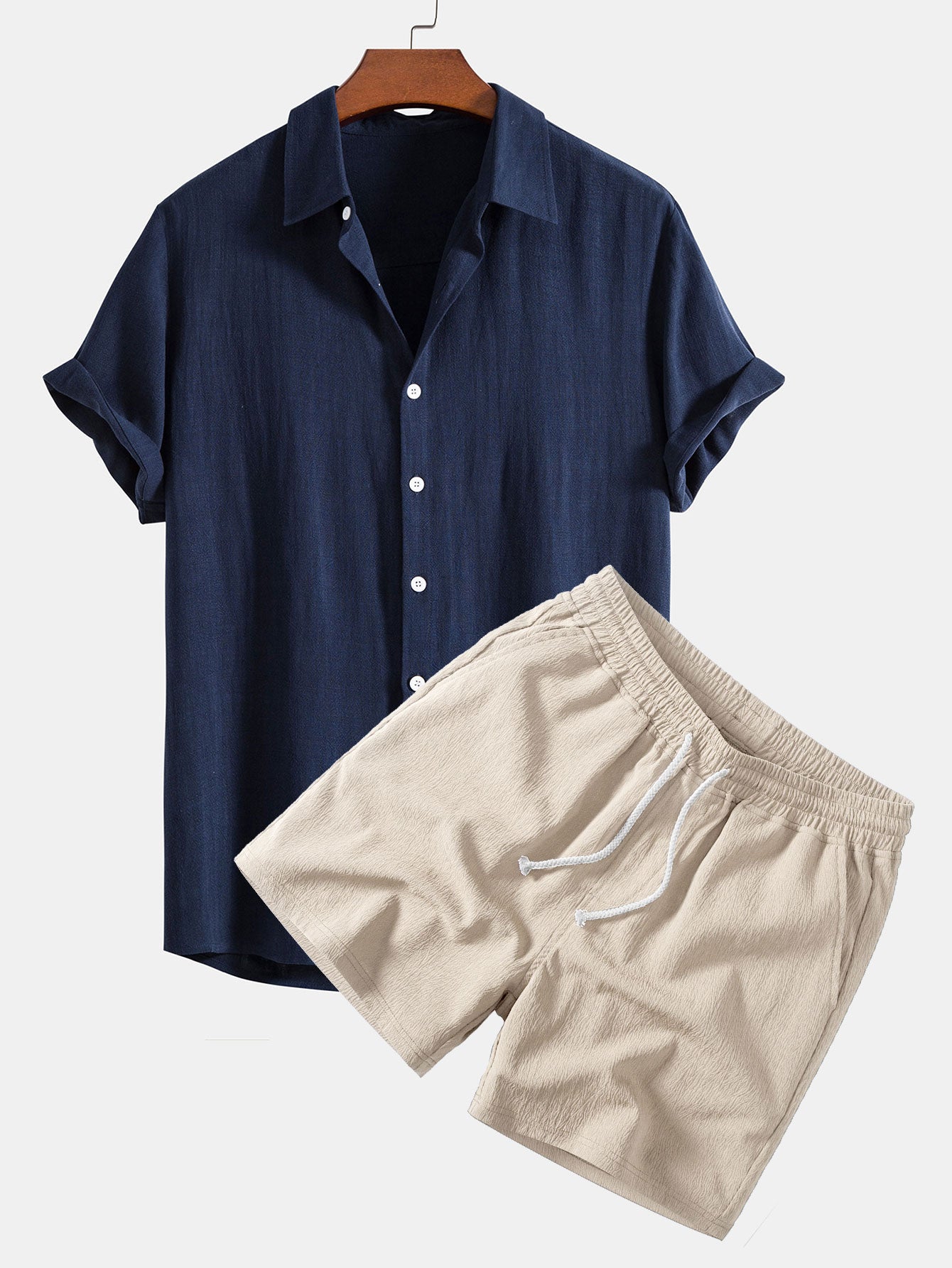 Linen Rayon Blend Button Up Shirt & Crinkle Textured Drawstring 5" Shorts