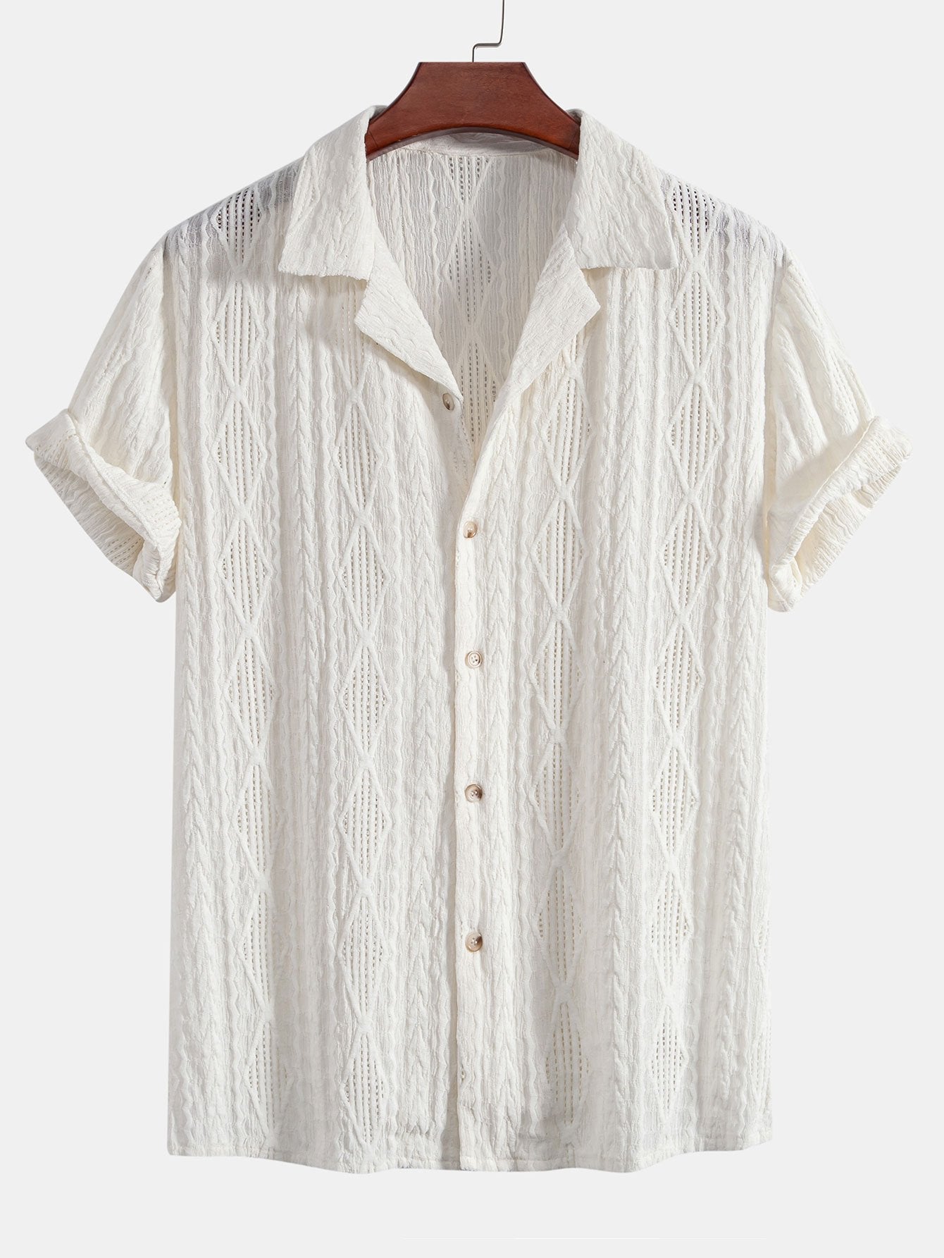 Geometric Jacquard Eyelet Cuban Shirt & Linen Blend Drawstring 7" Shorts
