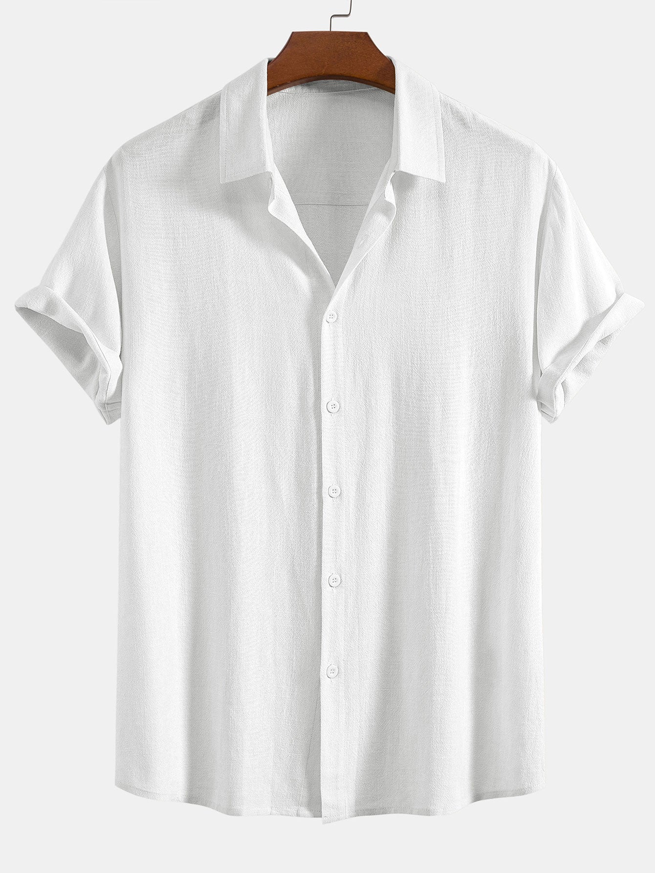 Linen Rayon Blend Button Up Shirt & Crinkle Textured Drawstring 5" Shorts