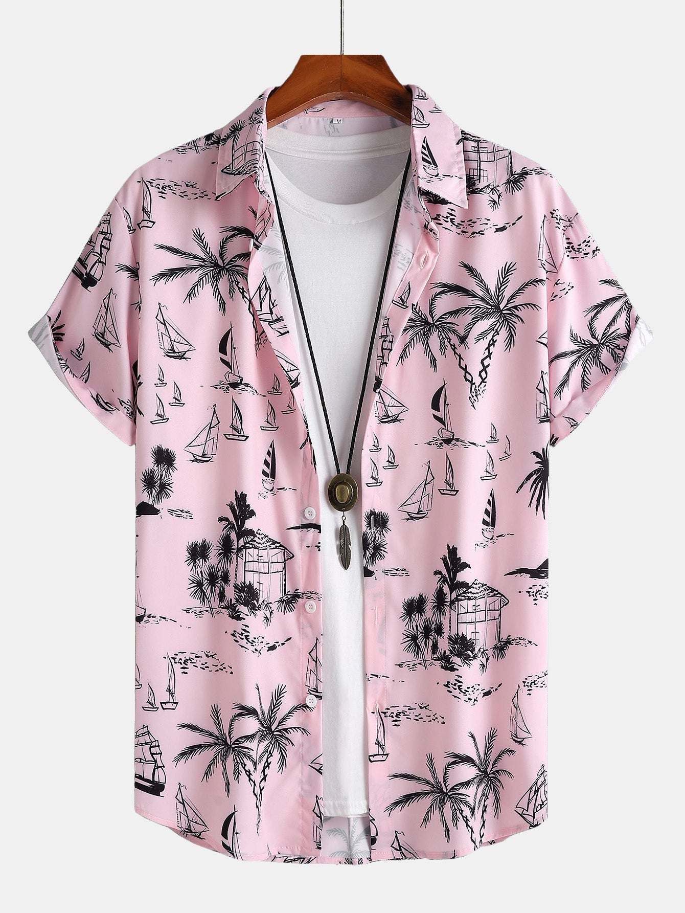 Palm Treeleboat Print Button Up Shirt & Swim Shorts