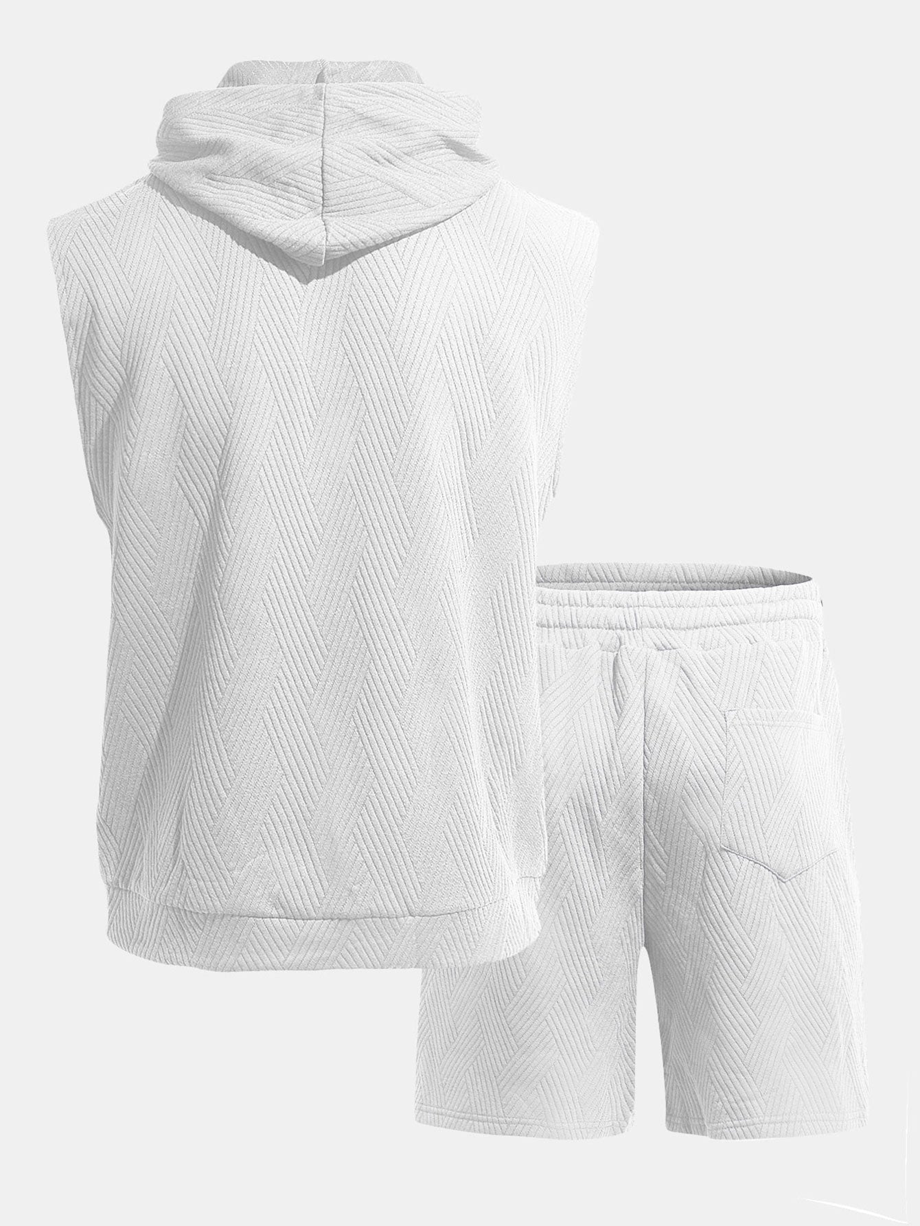 Stripe Textured Sleeveless Hooded T-Shirt & Drawstring Shorts Set