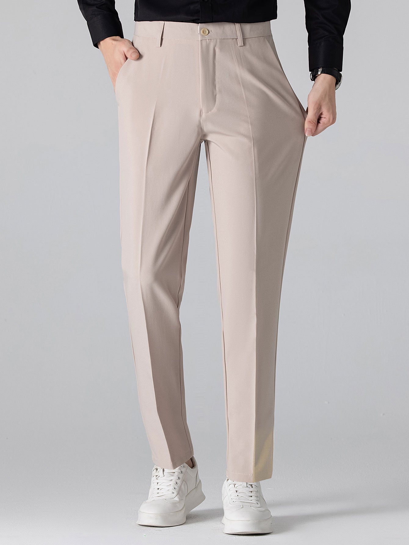 Contrast Trim Ribbed Johnny Collar Knit Polo & Slim Fit Tapered Trousers