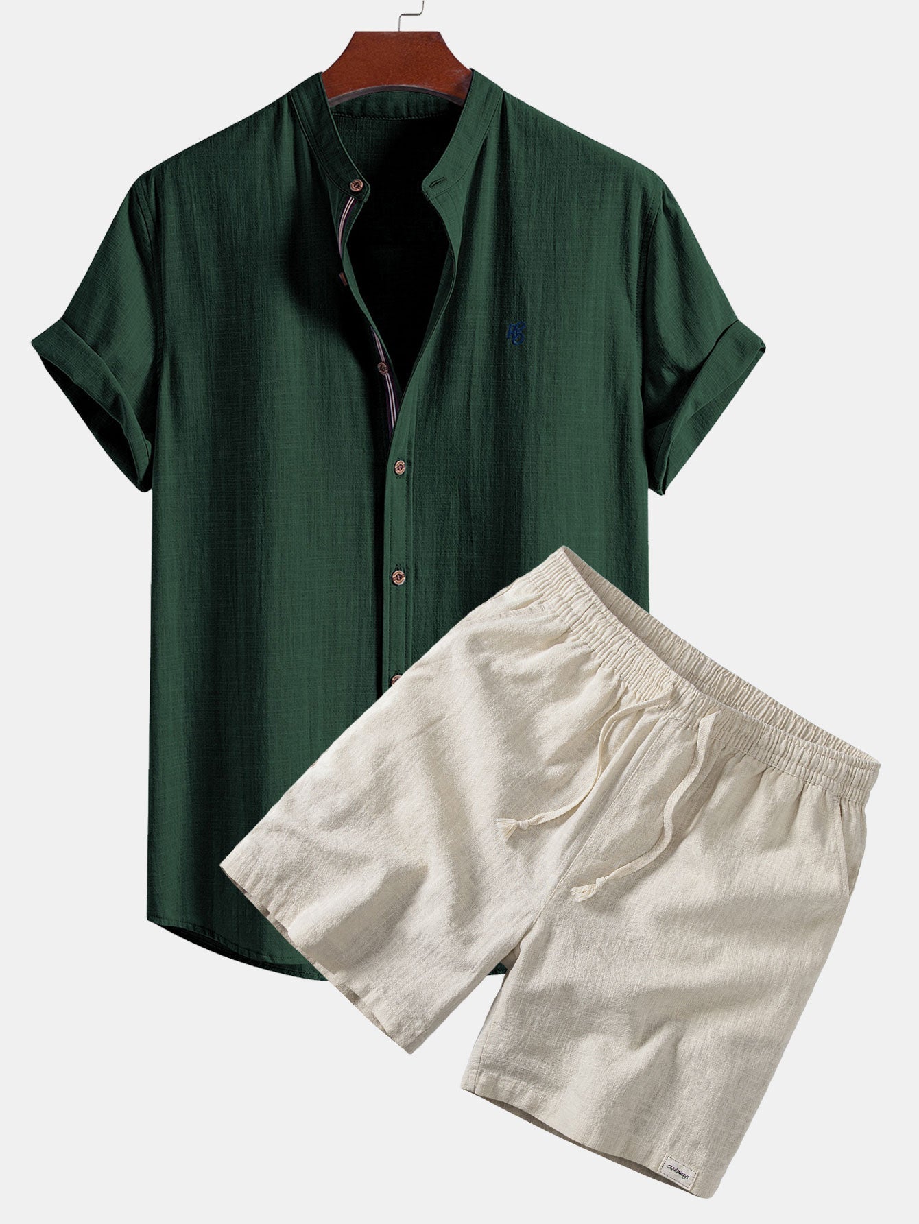 Short Sleeve Linen Look Stand Collar Shirt & Linen Blend Drawstring 7" Shorts