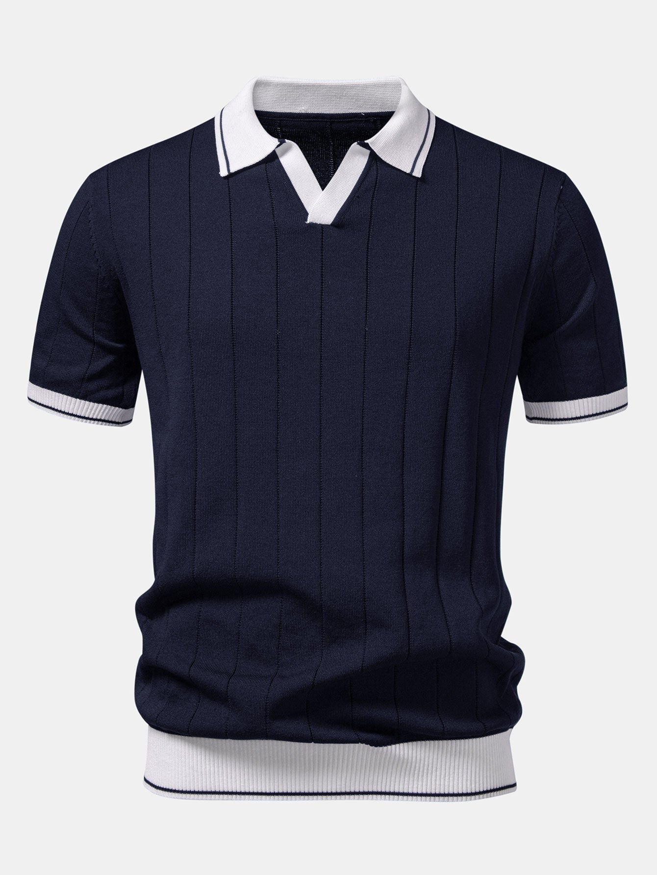 Contrast Trim Ribbed Johnny Collar Knit Polo & Elastic Waist Chino Shorts