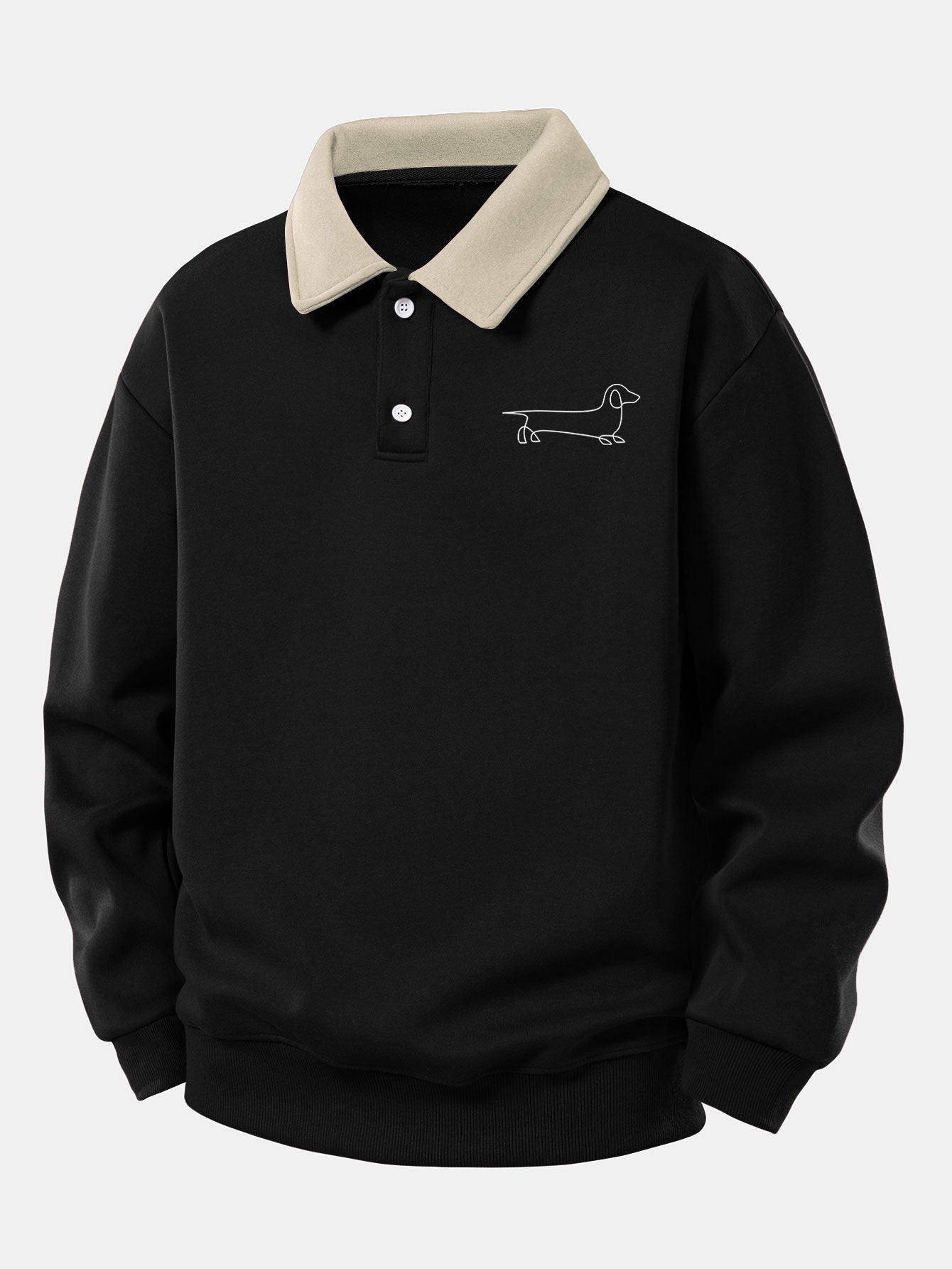 Relax Fit Line Dachshund Print Contrast Polo Sweatshirt & Straight Leg Pleated Pintuck Sweatpants