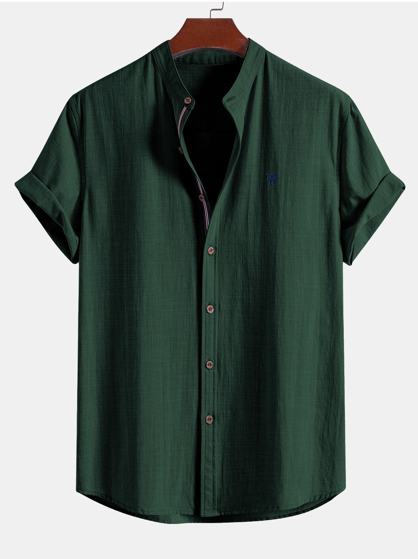 Short Sleeve Linen Look Stand Collar Shirt & Linen Blend Drawstring 7" Shorts