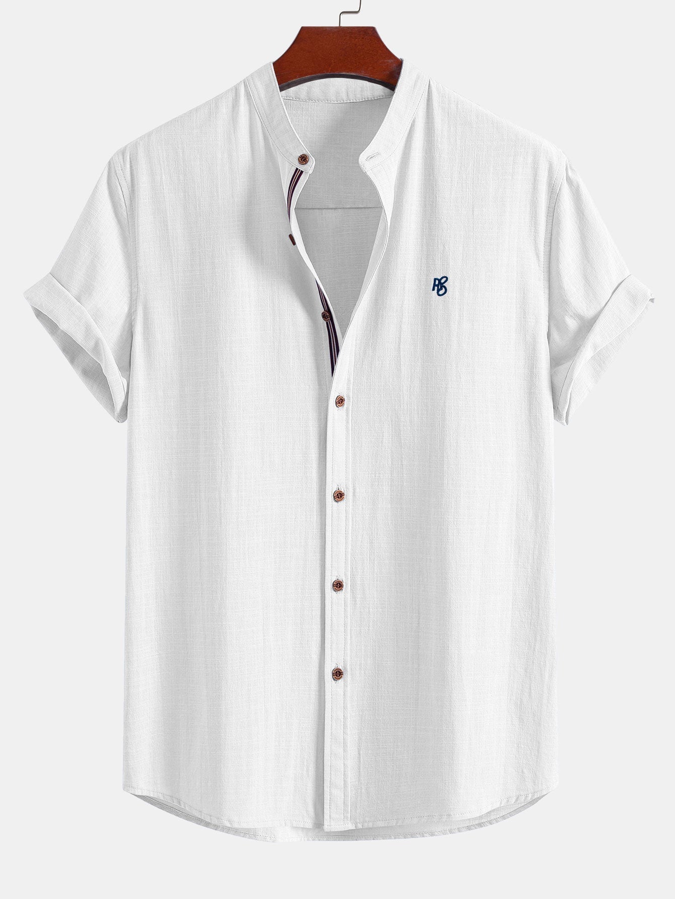 Short Sleeve Linen Look Stand Collar Shirt & Striped Print Swim Shorts