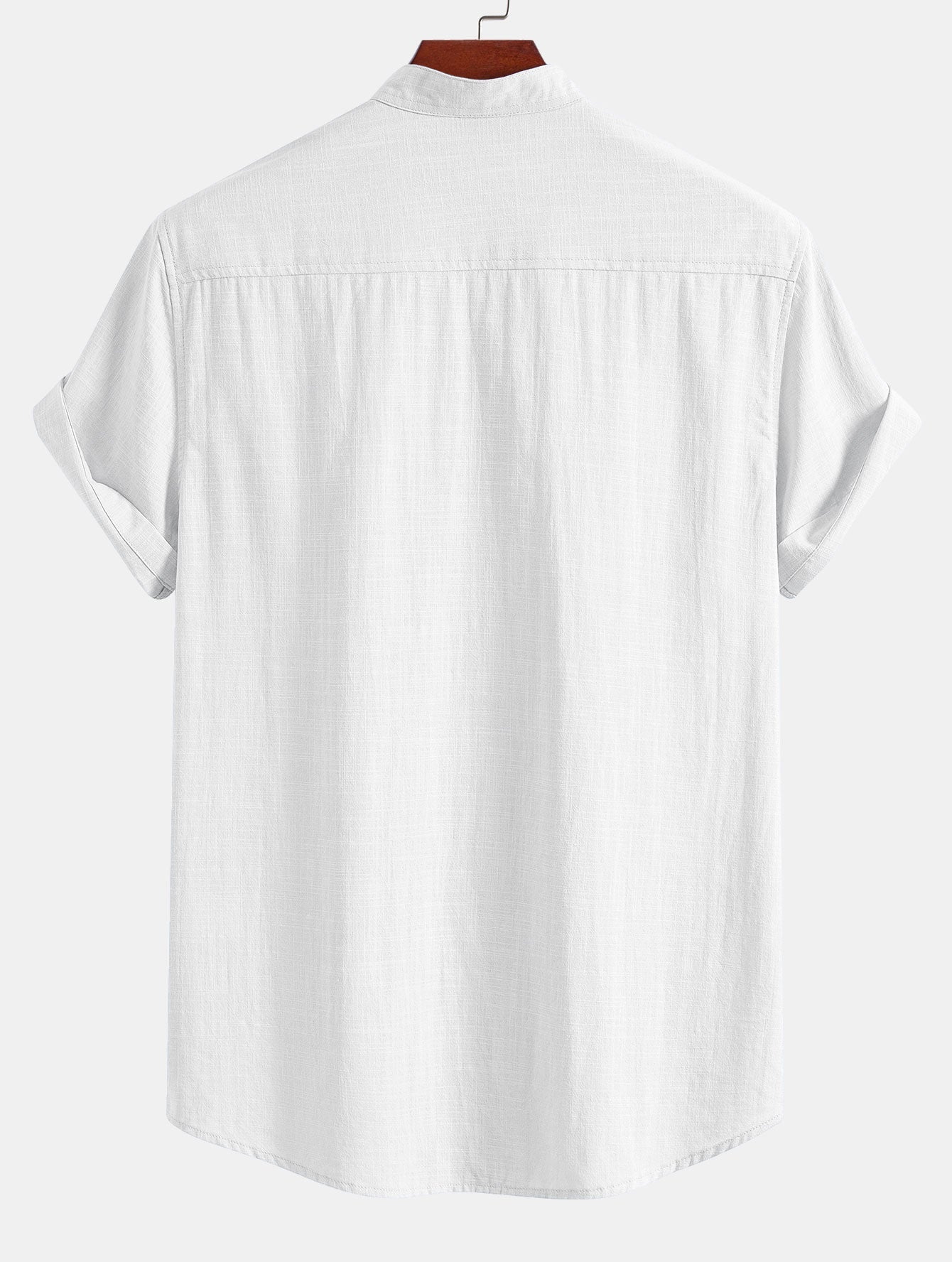 Short Sleeve Linen Look Stand Collar Shirt & Striped Print Swim Shorts