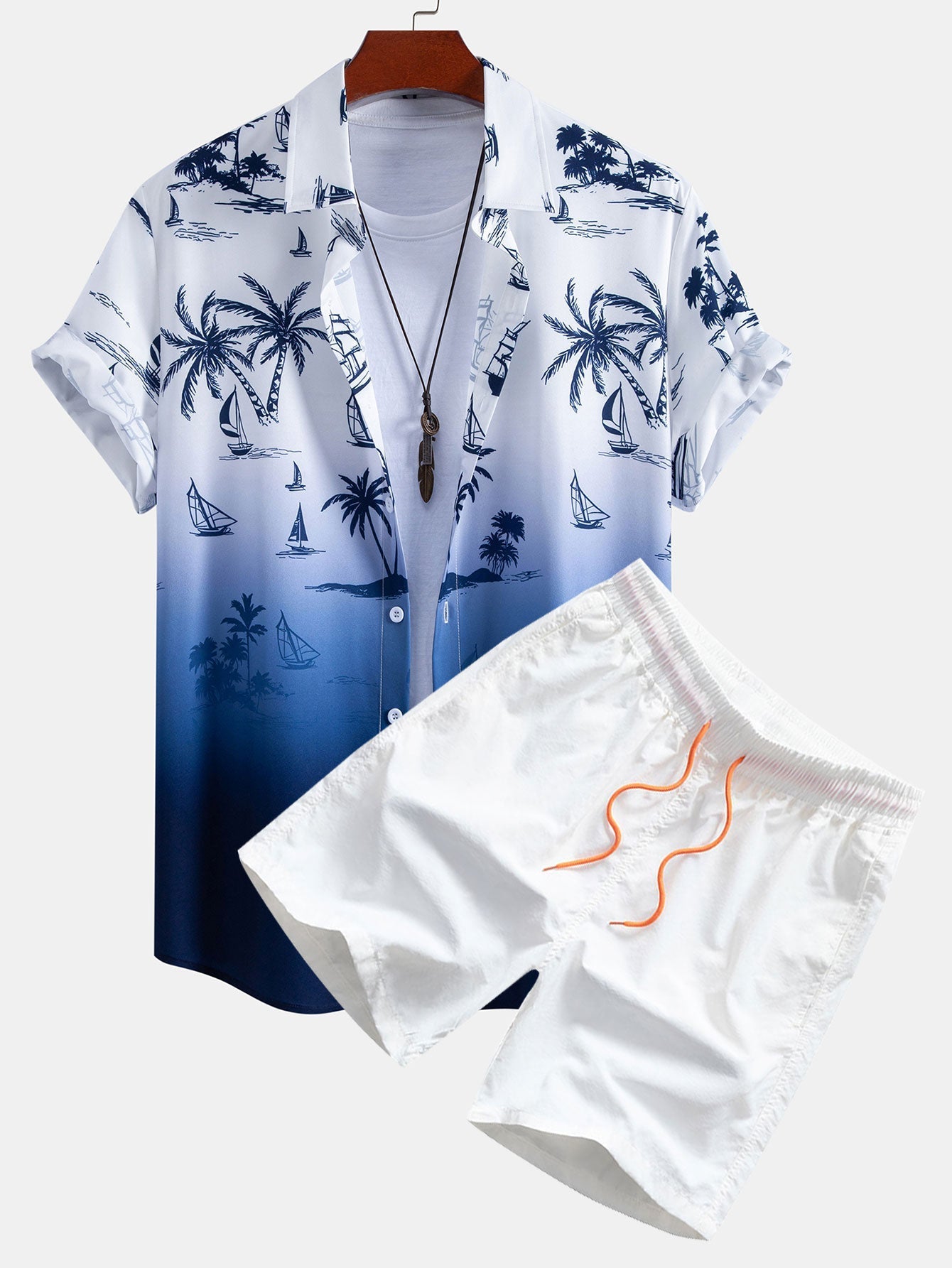 Gradient Island Palm Tree Print Shirt & Swim Shorts