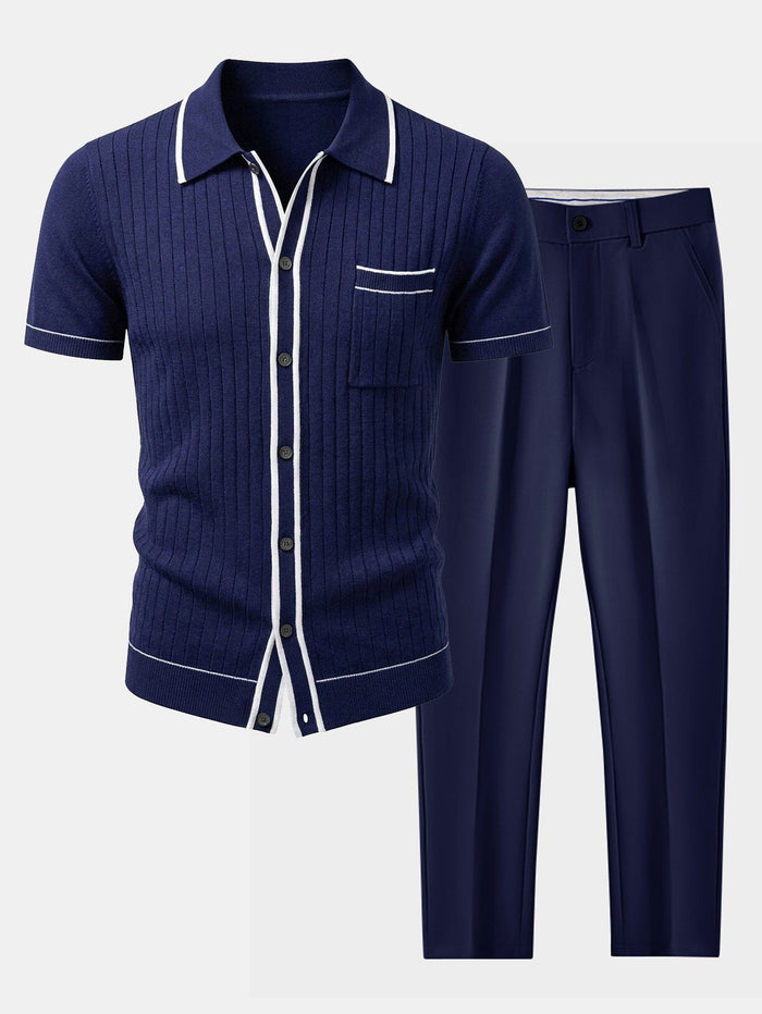 Contrast Trim Ribbed Knit Shirt & Slim Fit Tapered Trousers