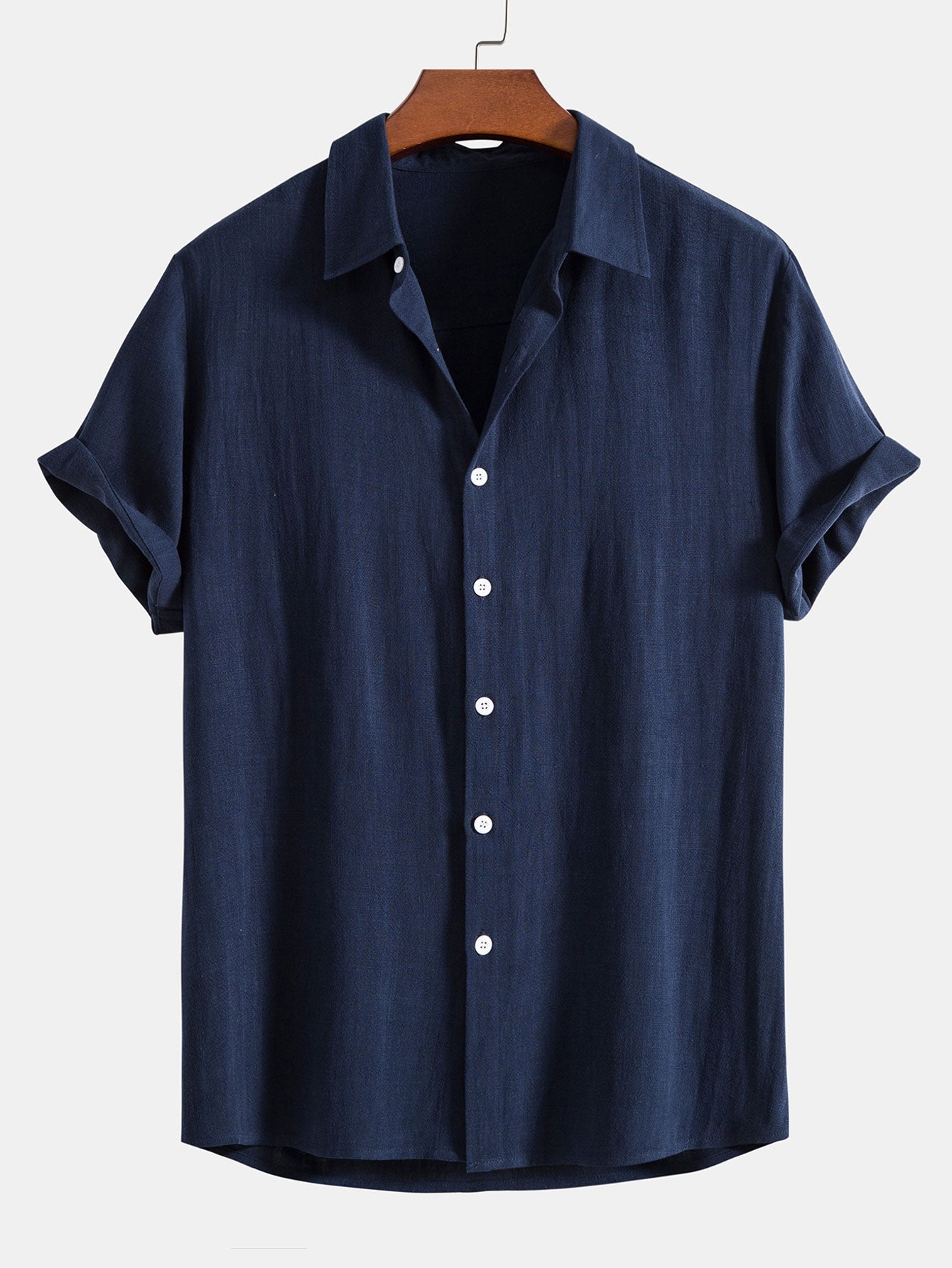 Linen Rayon Blend Button Up Shirt & Crinkle Textured Drawstring 5" Shorts