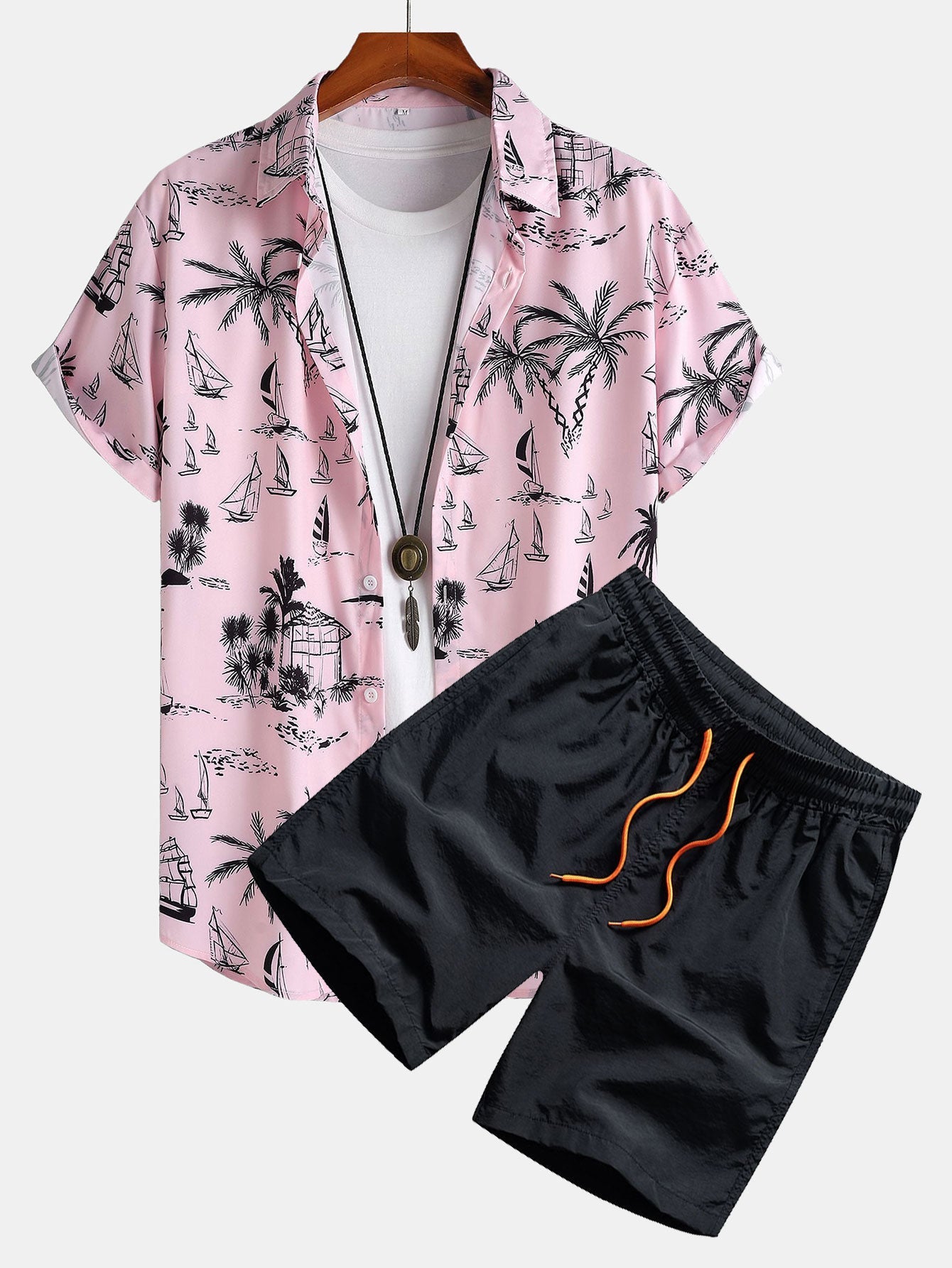 Palm Treeleboat Print Button Up Shirt & Swim Shorts
