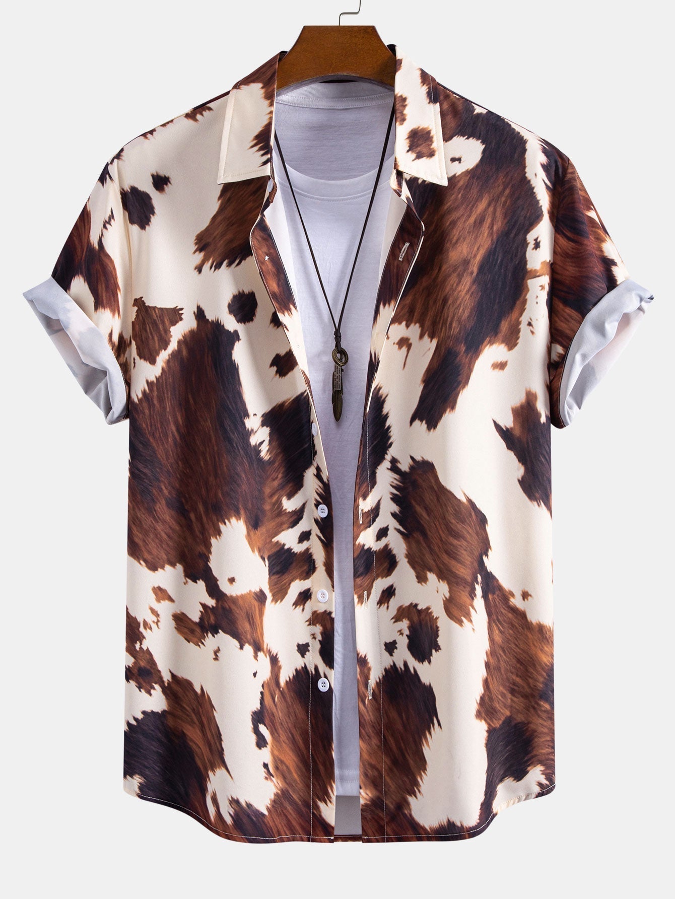 Cow Print Button Up Shirt & Crinkle Textured Drawstring 5" Shorts