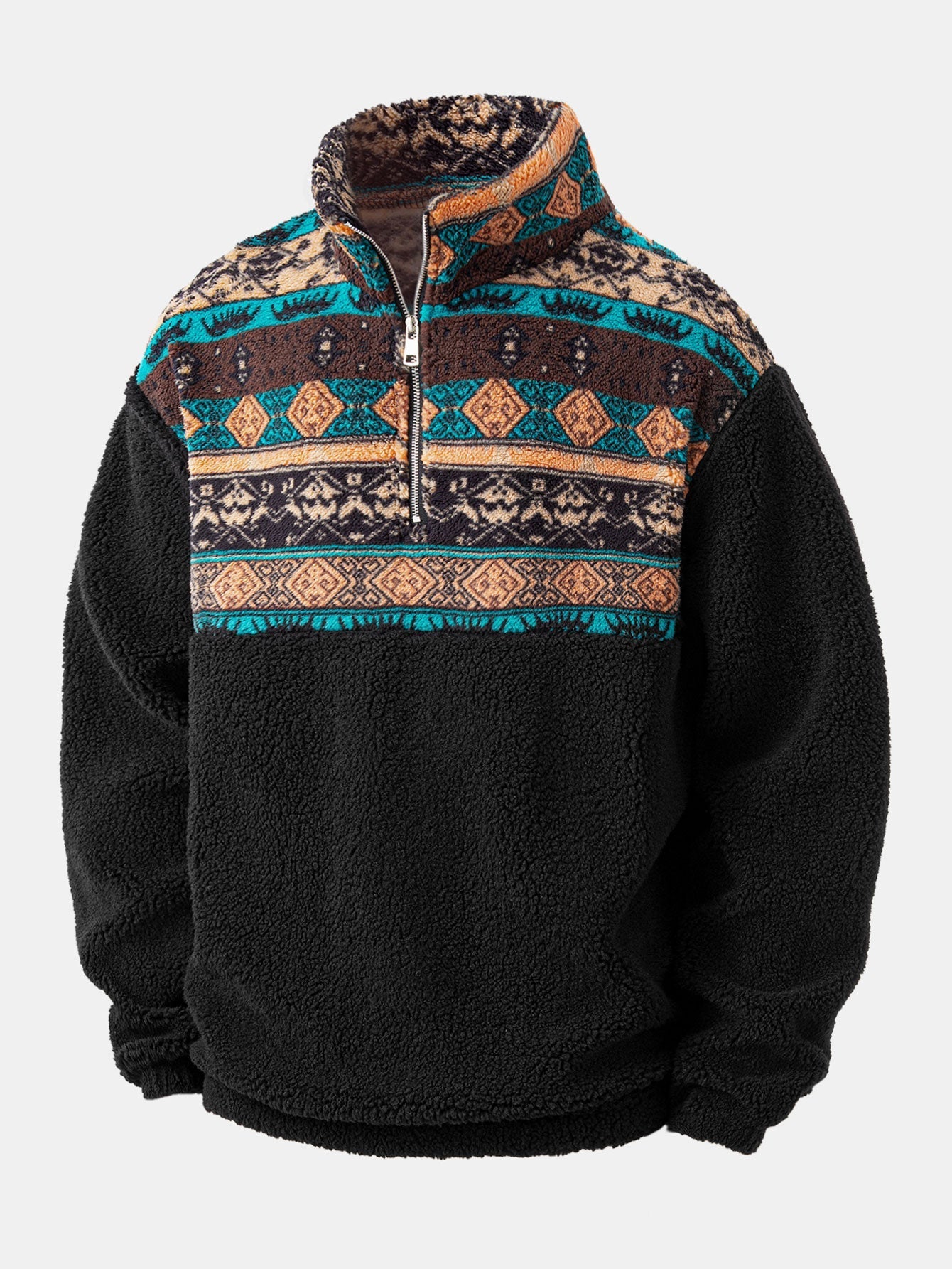 Relax Fit Quarter Zip Ethnic Geometric Patchwork Teddy Sweatshirt & Straight Leg Corduroy Pants