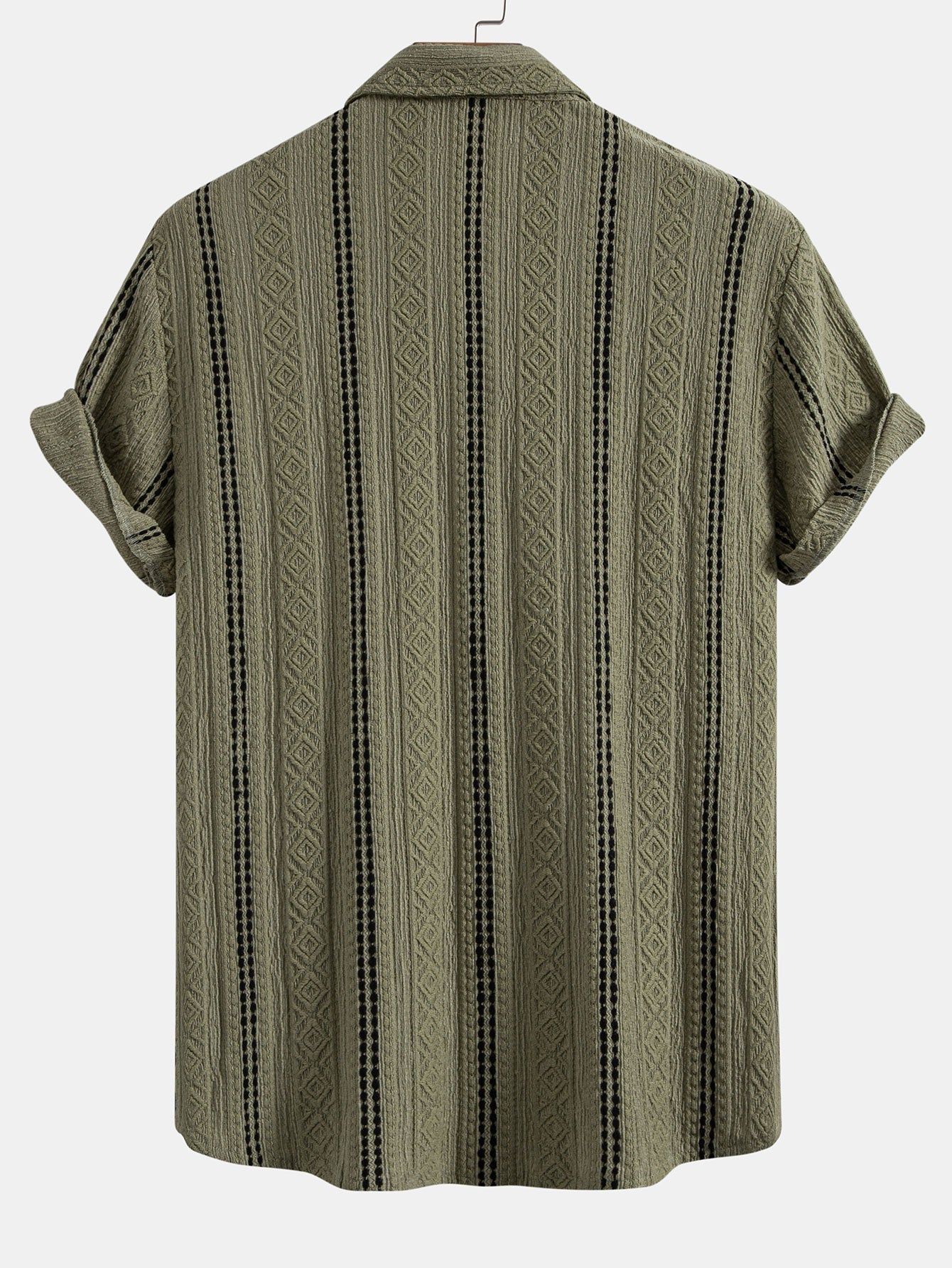 Geometric Striped Jacquard Button Up Shirt & Crinkle Textured Drawstring 5" Shorts