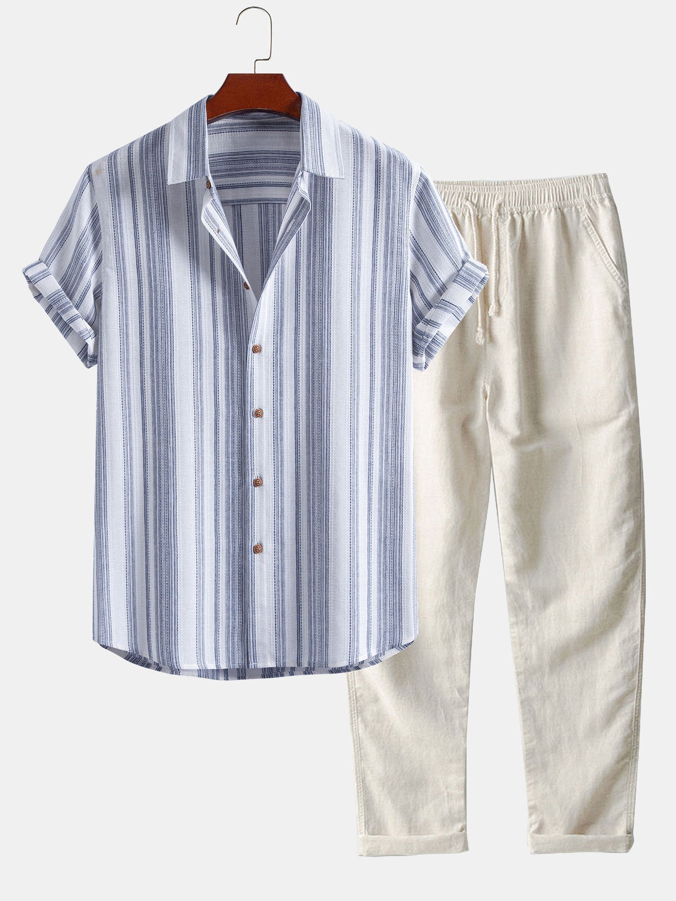 Stripe Linen Look Button Up Shirt & Straight Leg Linen Pants