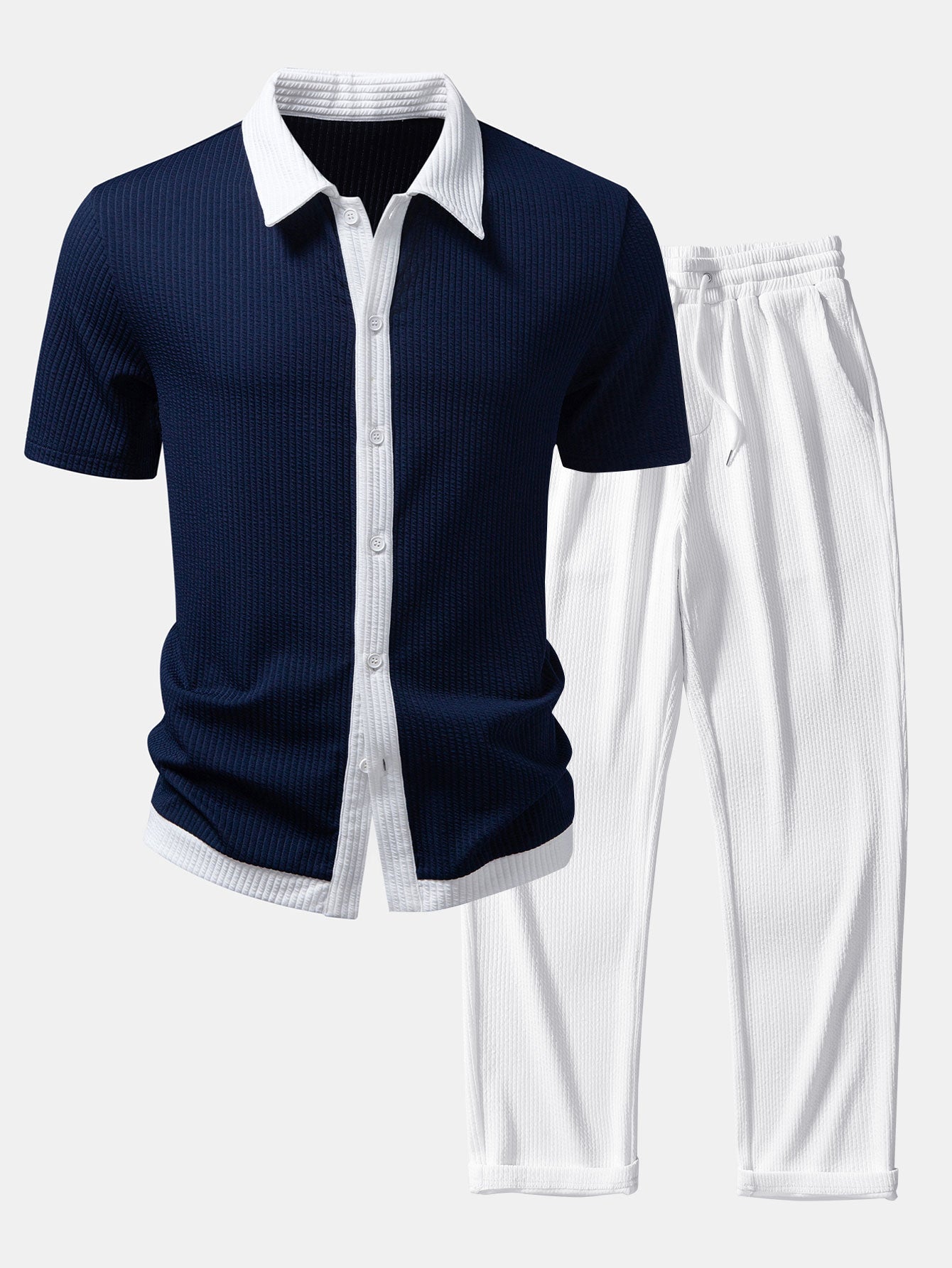 Contrast Ribbed Button Up Shirt & Straight Leg Ribbed Pants