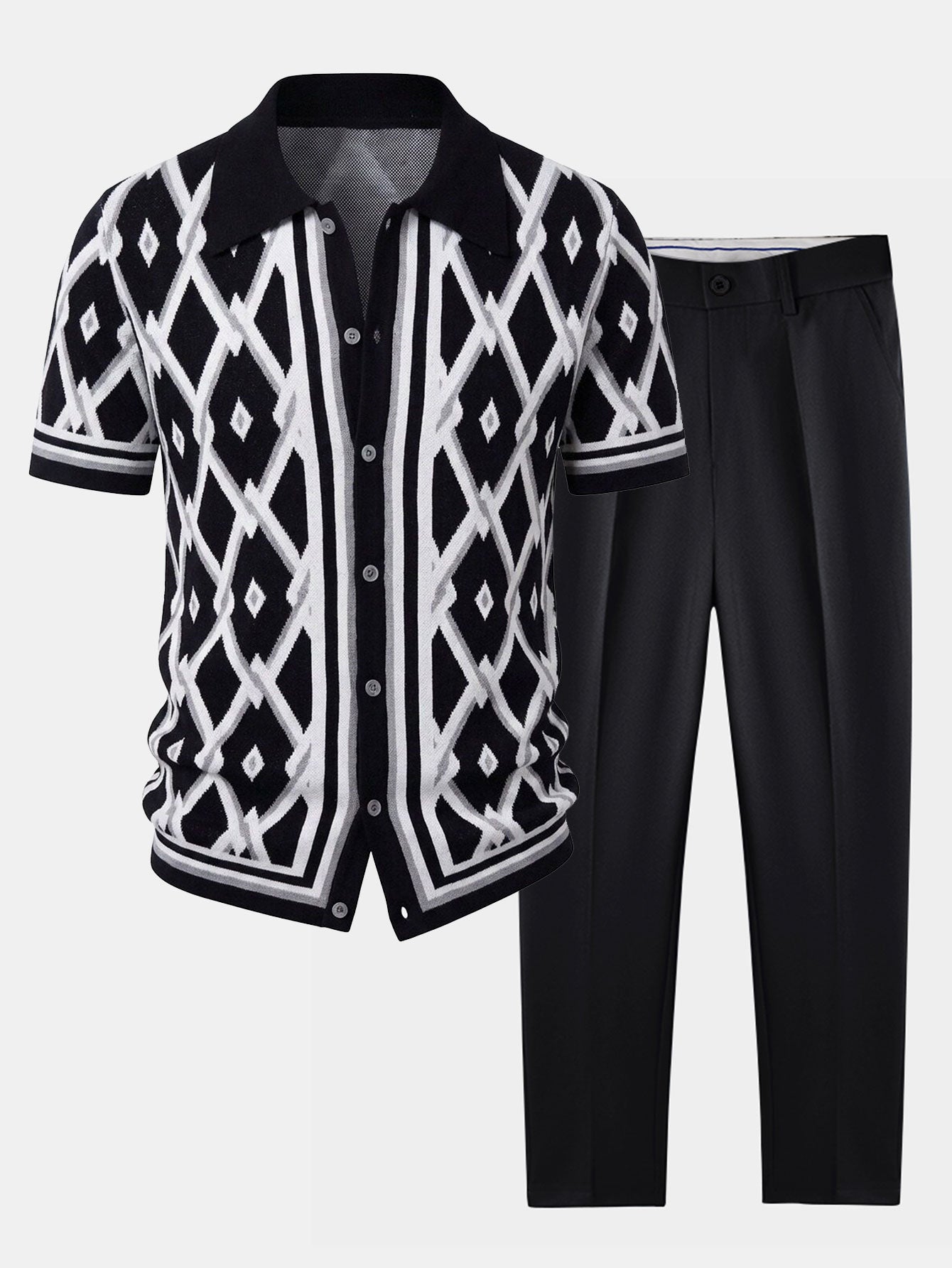 Retro Rhombus Geometric Knit Shirt & Slim Fit Tapered Trousers