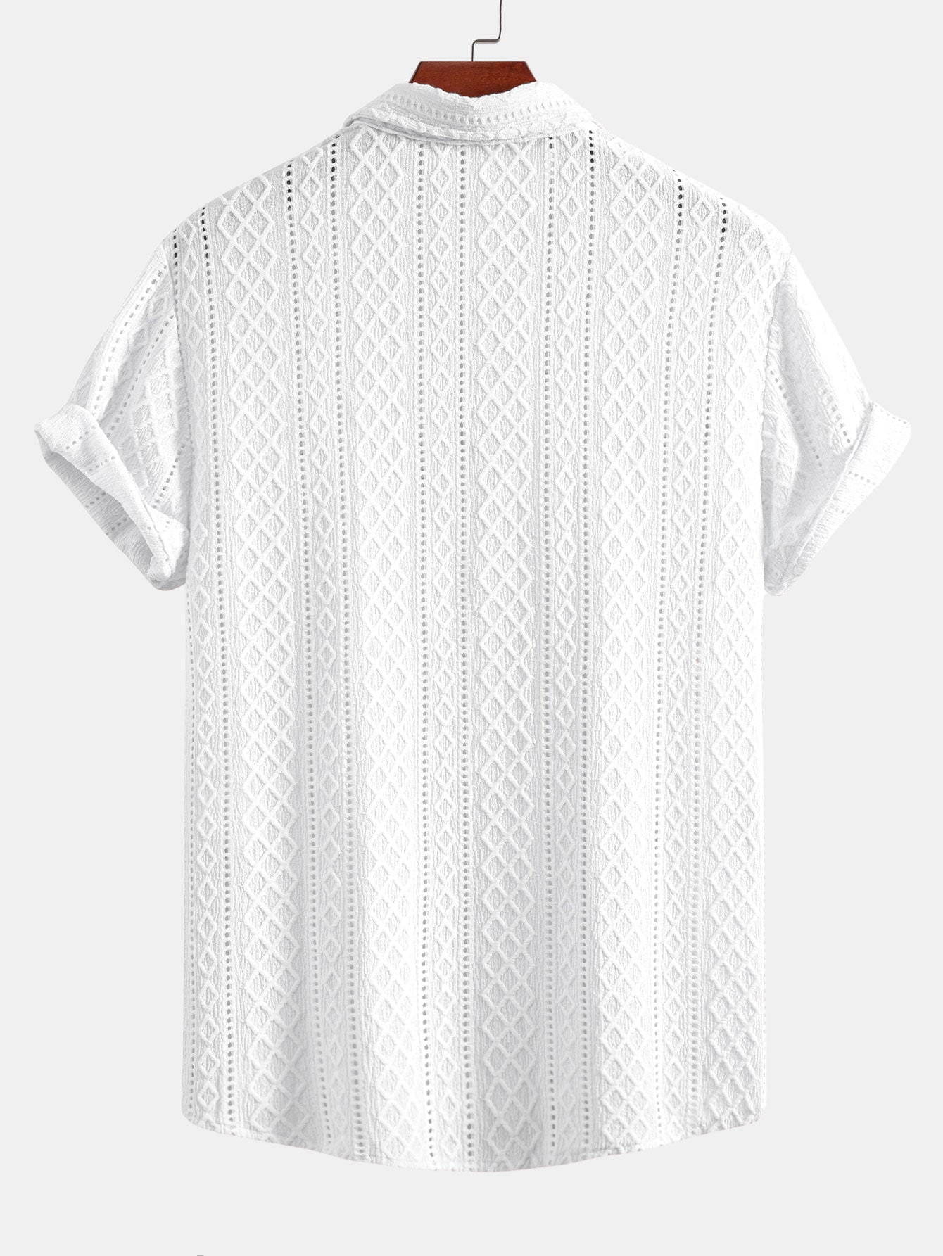 Geometry Rhombus Jacquard Button Up Shirt & Linen Look Stripe Straight Leg Pants