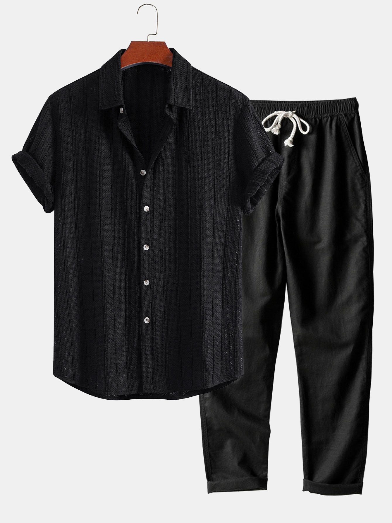 Textured Striped Button Up Shirt & Straight Leg Linen Pants