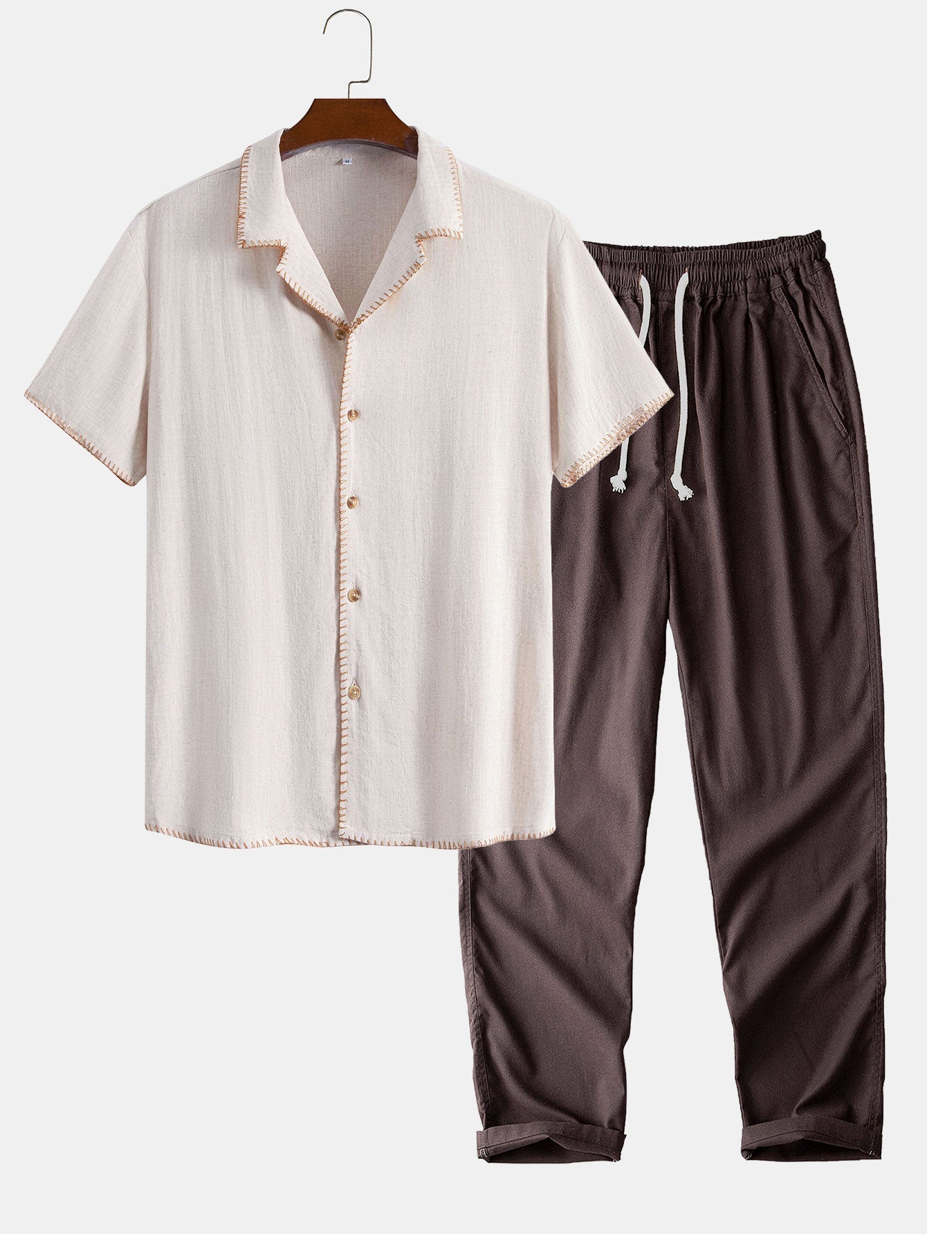 Contrast Stitching Linen Rayon Blend Cuban Shirt & Straight Leg Linen Pants