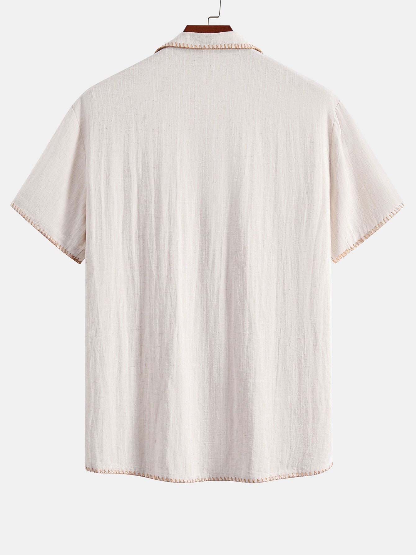 Contrast Stitching Linen Rayon Blend Cuban Shirt & Crinkle Textured Drawstring 5" Shorts