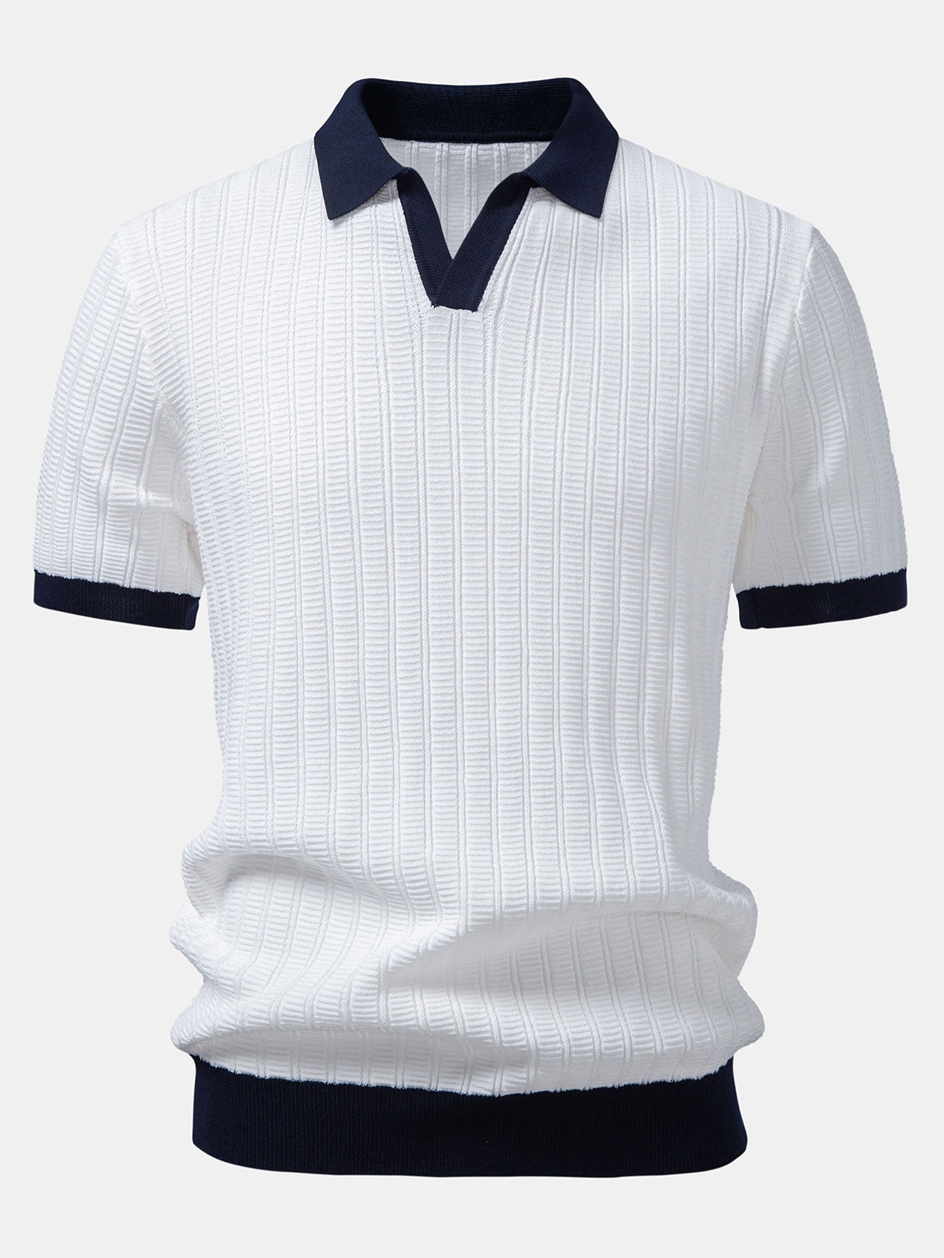 Contrast Textured Johnny Collar Knit Polo & Crinkle Textured Straight Leg Pants