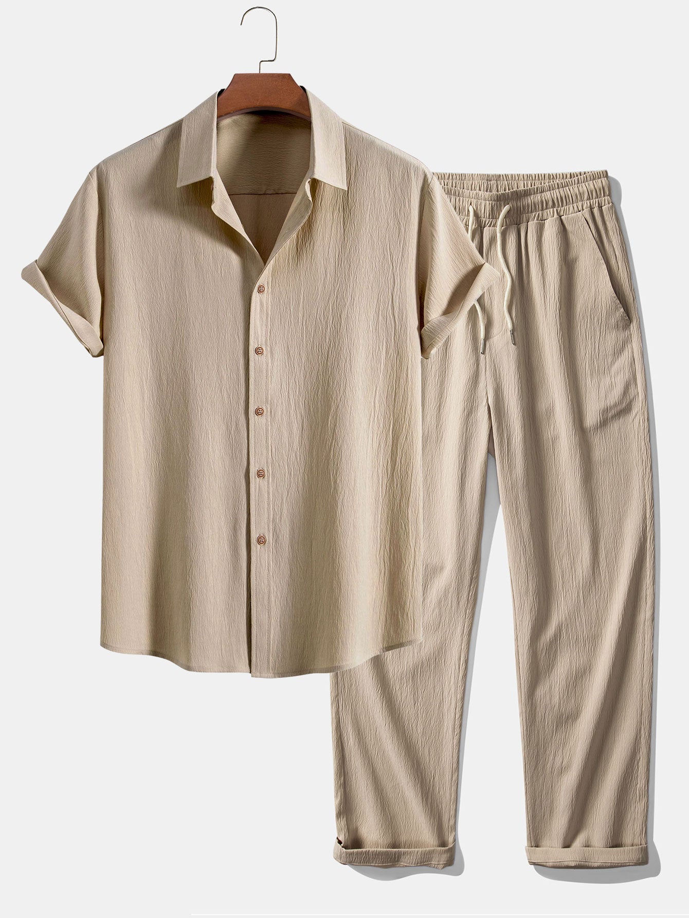 Crinkled Textured Button Up Shirt & Straight Leg Pants